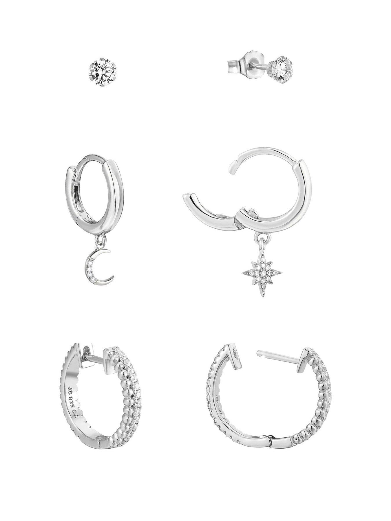undefined Sterling Silver CZ North Star and Moon Huggie Earring Set of 3