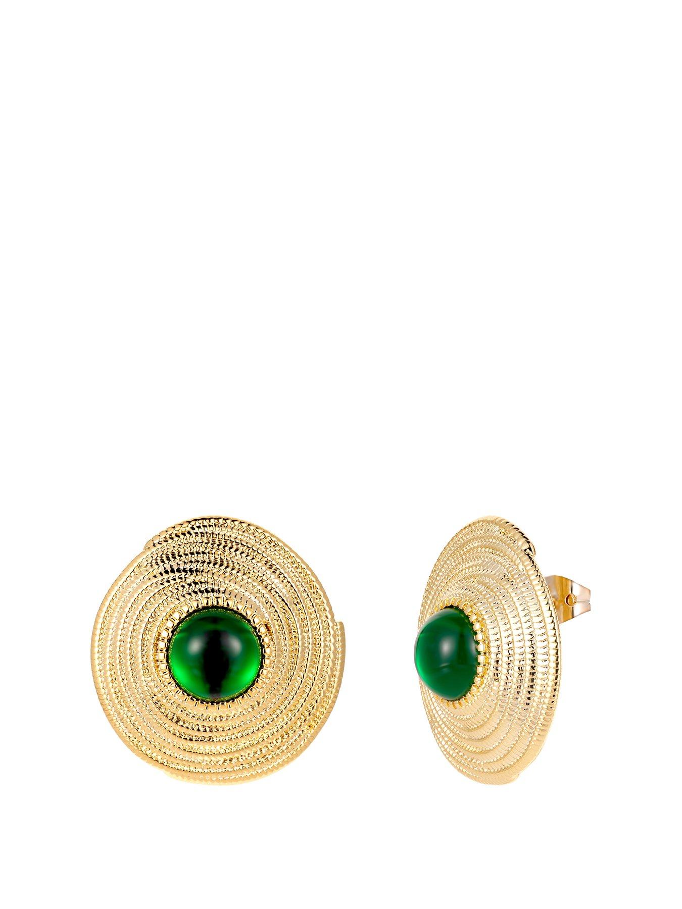Product photograph of V By Very Gold Plated Disc Stud Earrings With Green Stone from very.co.uk