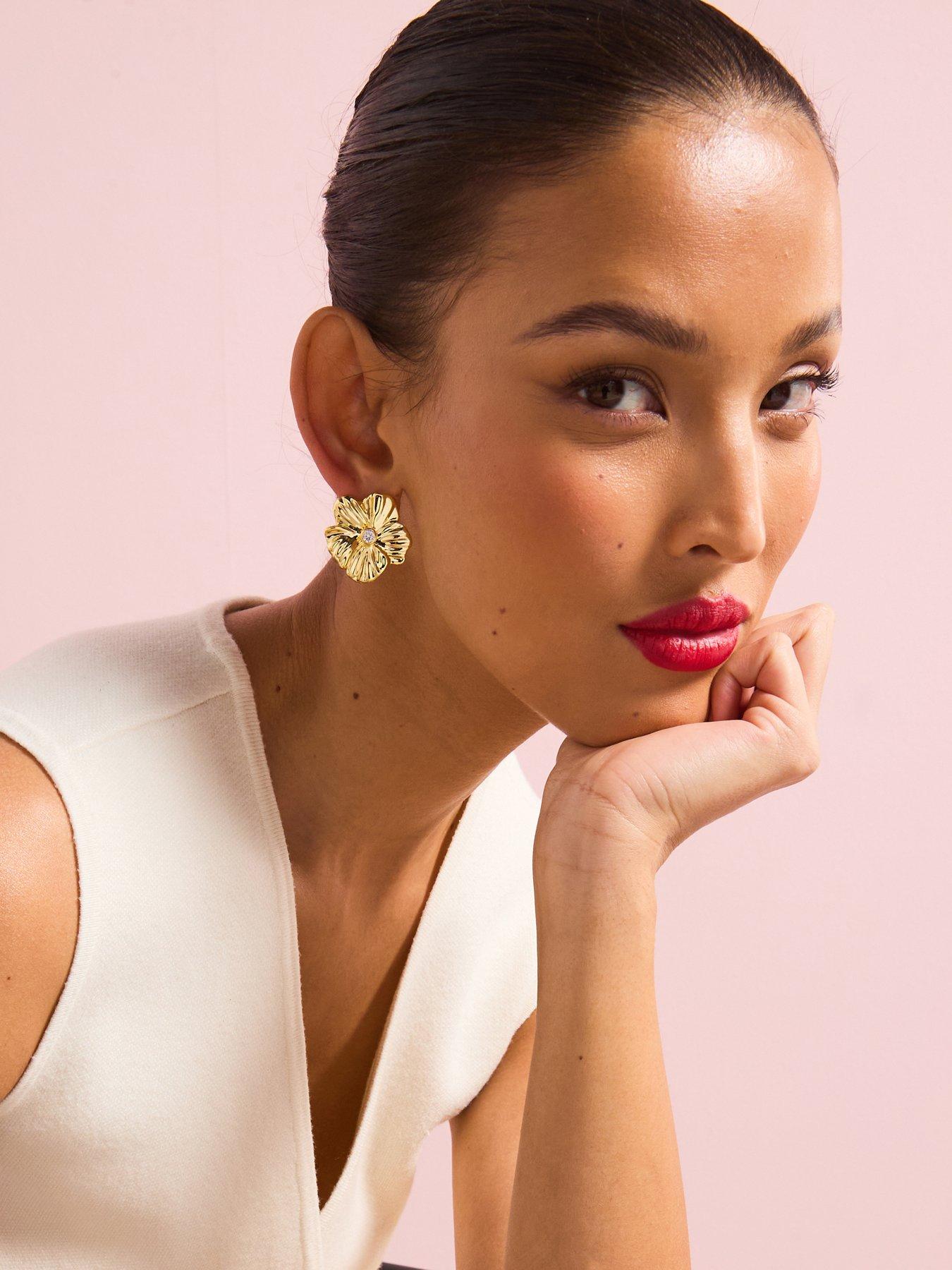 undefined Gold Plated Oversized Floral CZ Stud Earrings