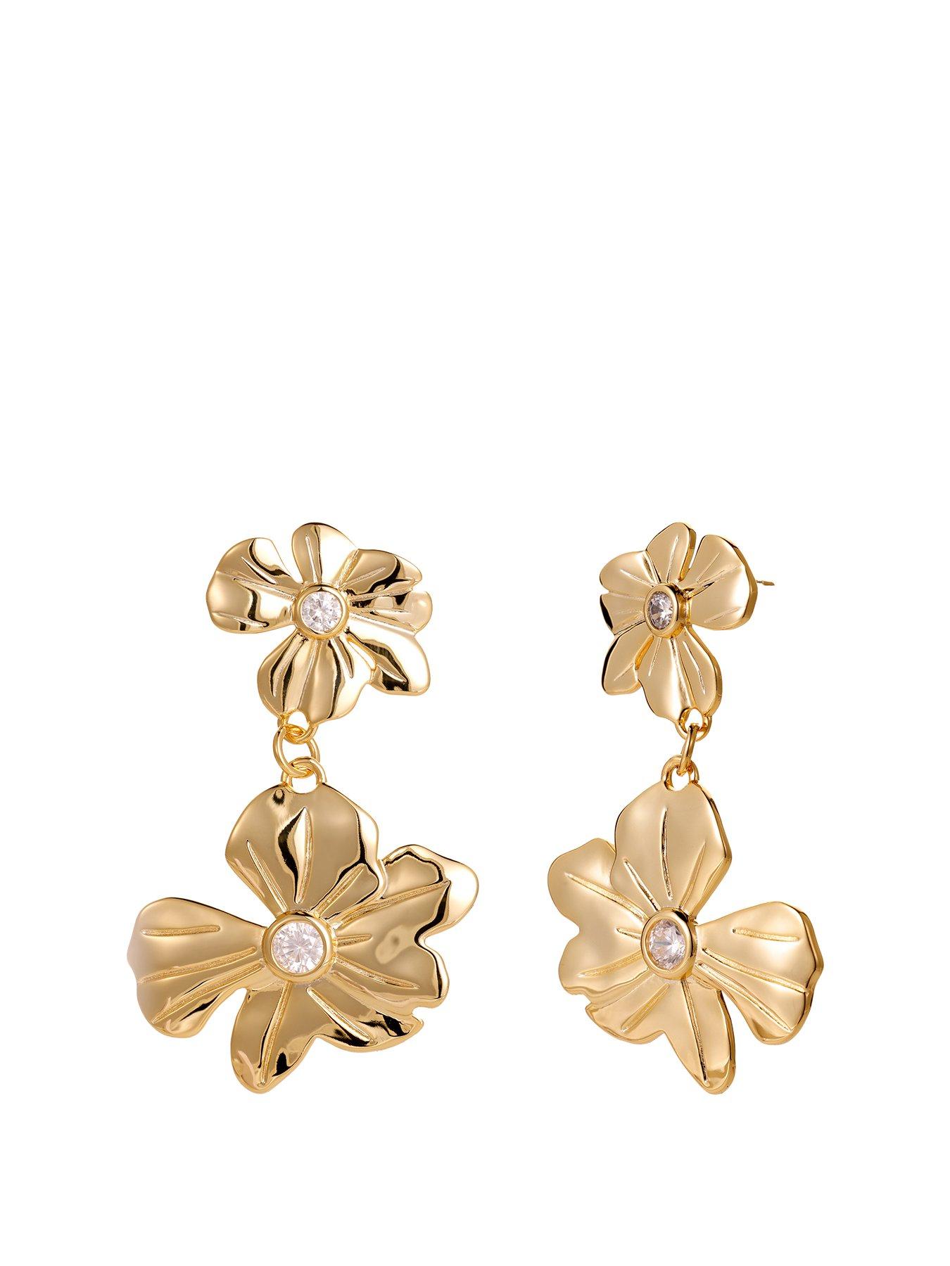 Product photograph of V By Very Gold Plated Oversized Floral Cz Dropper Earrings from very.co.uk
