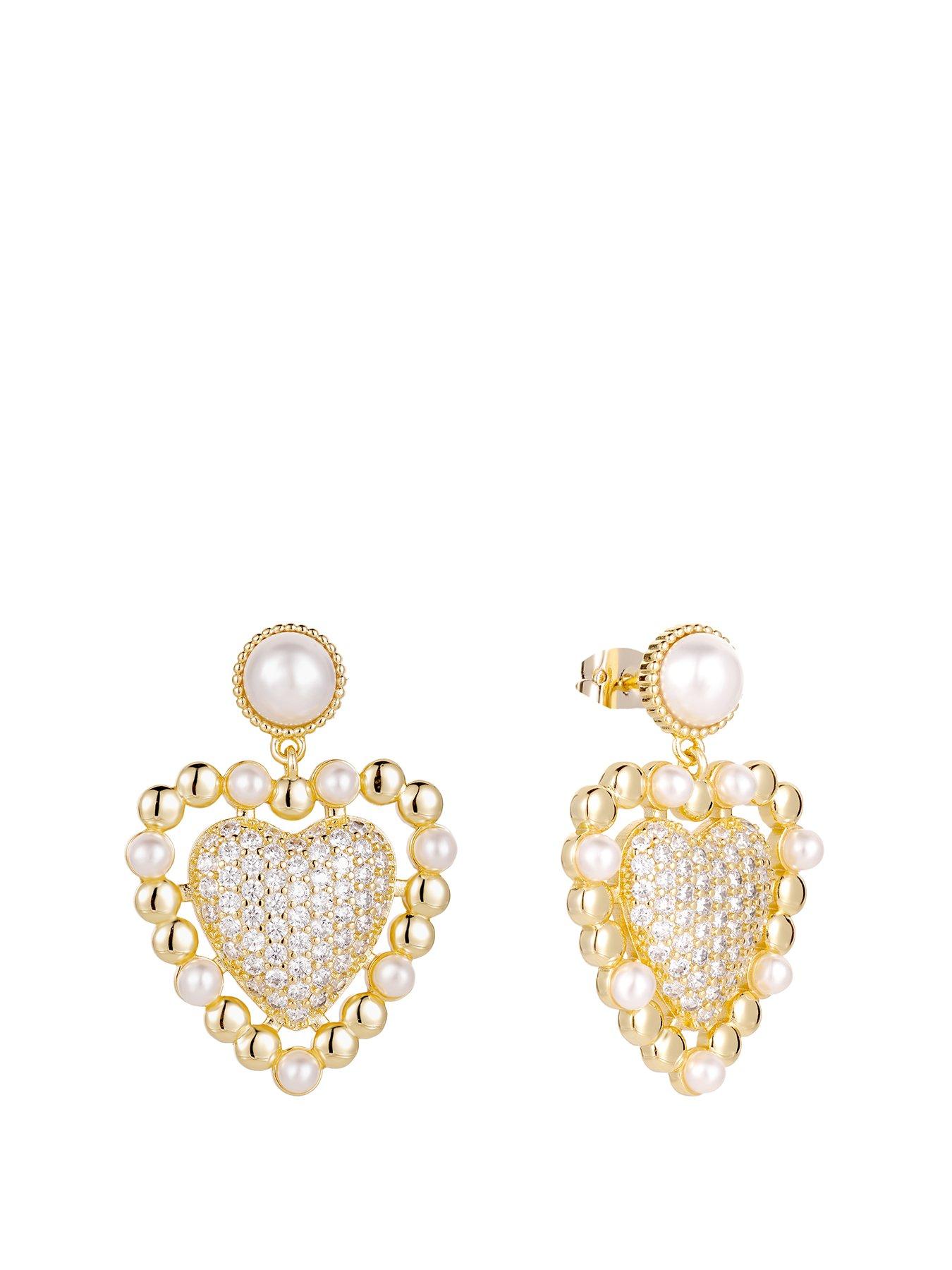 undefined Gold Plated Pearl Heart CZ Dropper Earrings