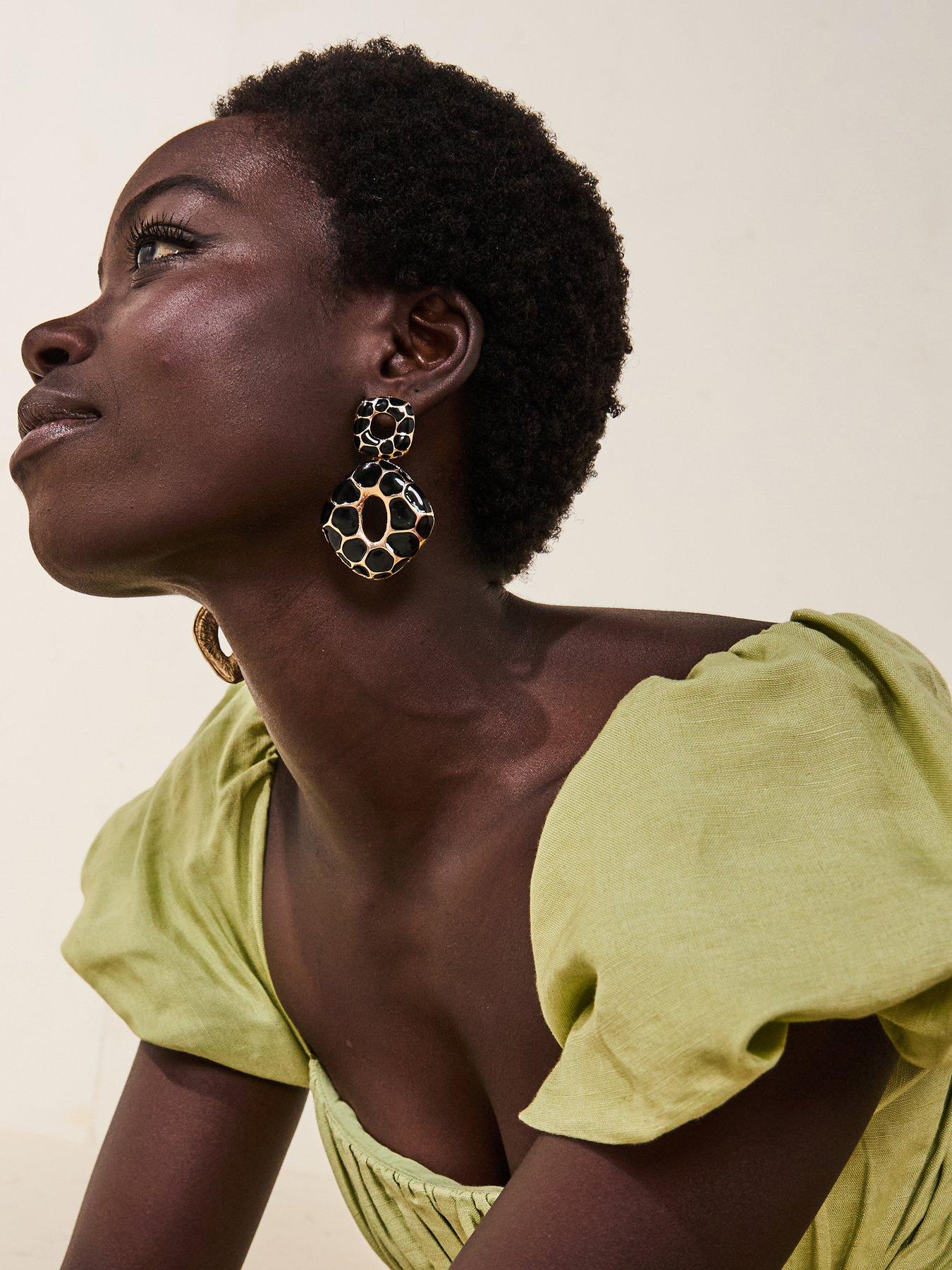 Image 1 of 5 of V by Very Gold Plated Black Leopard Vintage Drop Earrings