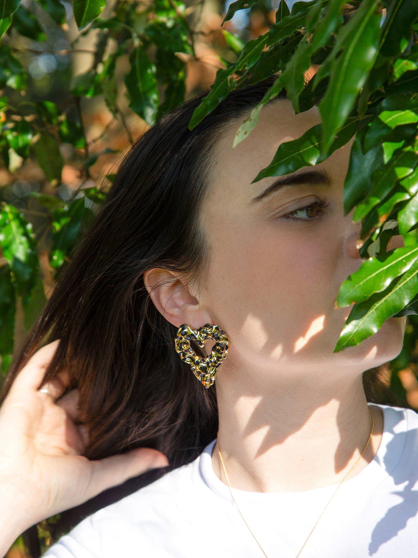 undefined Gold Plated Oversized Hammered Leopard Heart Earrings