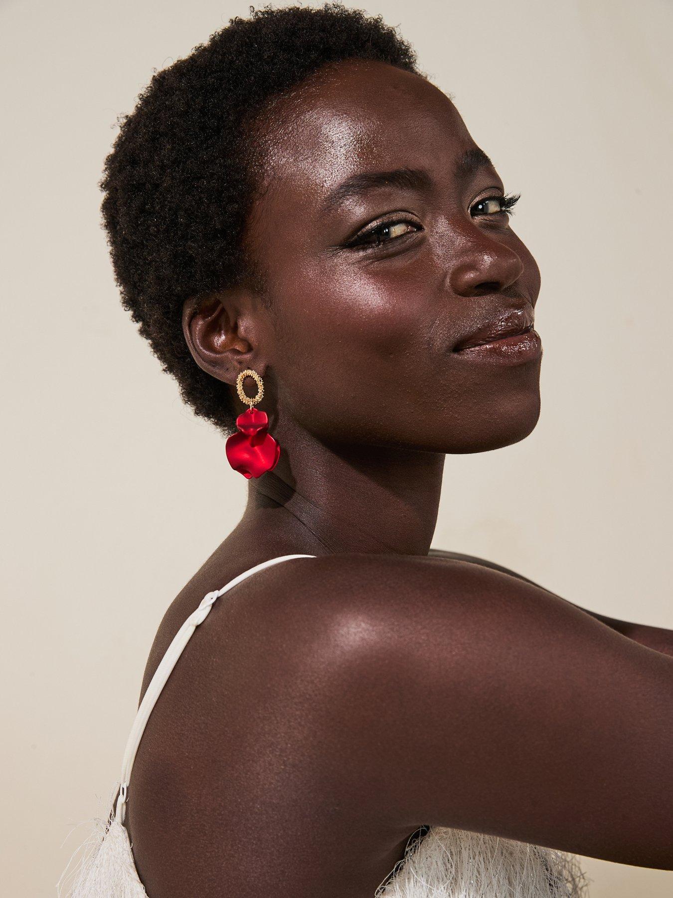undefined Gold Plated Red Petal Drop Earrings