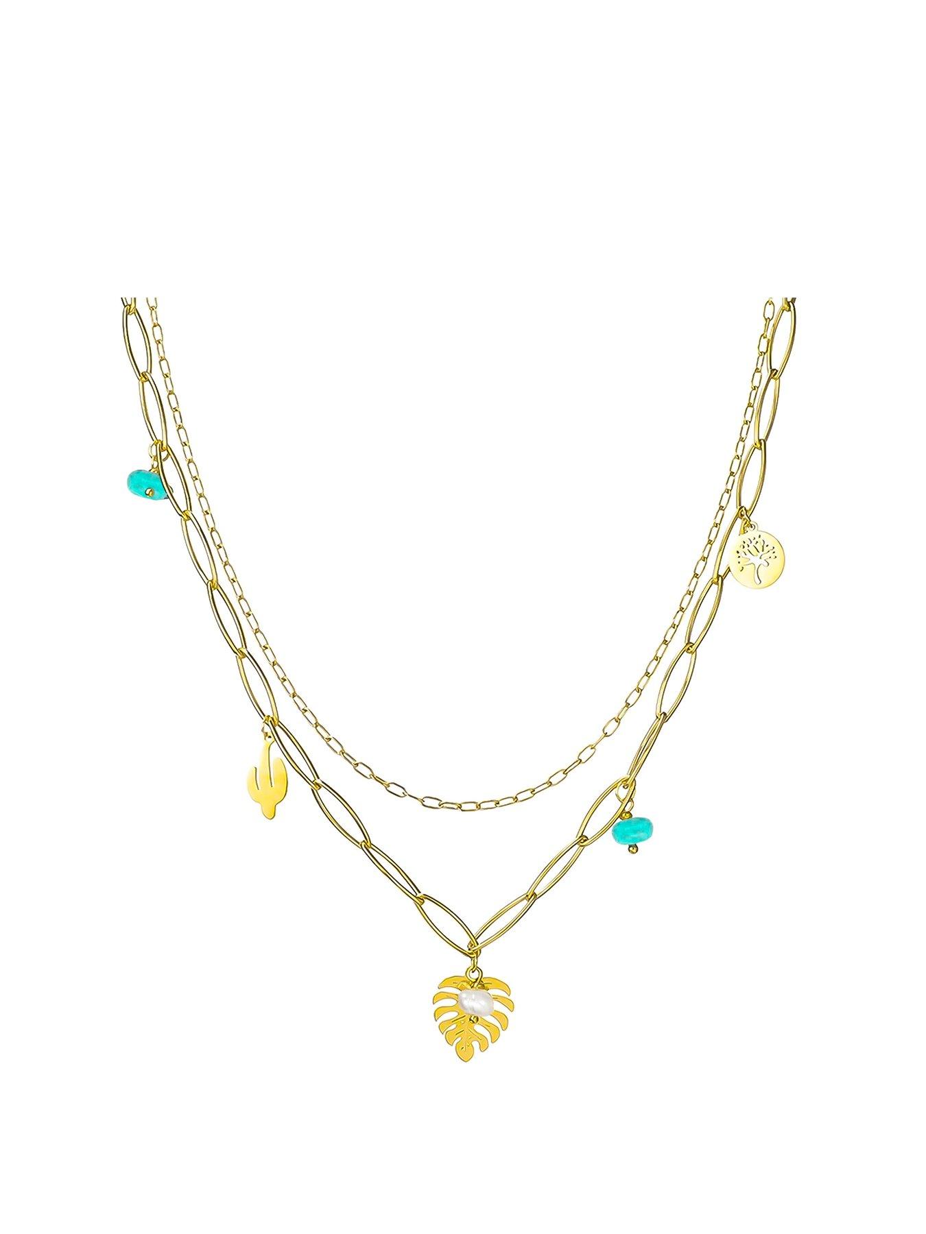 undefined Gold Plated Leaf and Crystal Double Layer Charm Necklace
