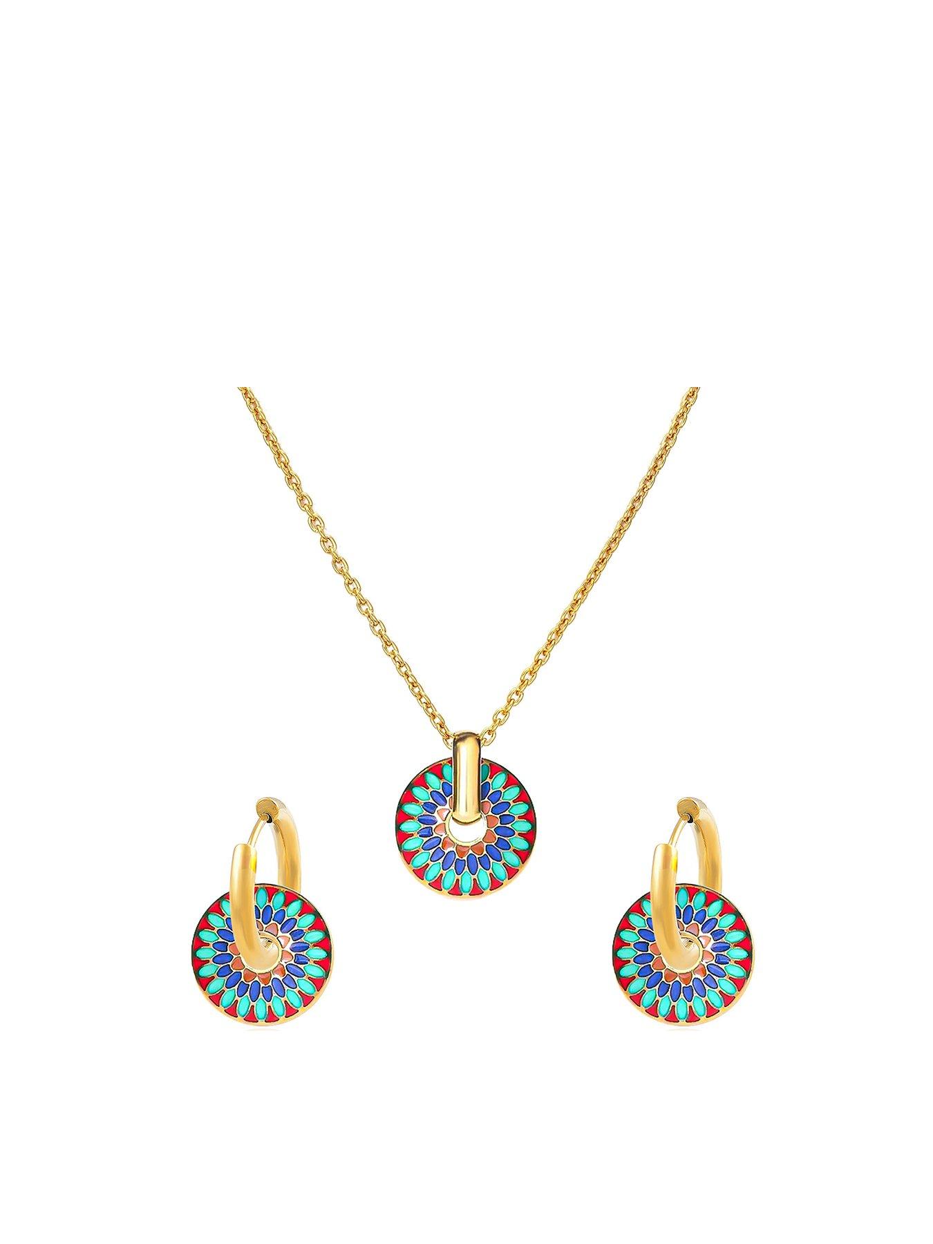 undefined Gold Plated Multi Coloured Aztec Earring and Pendant Set