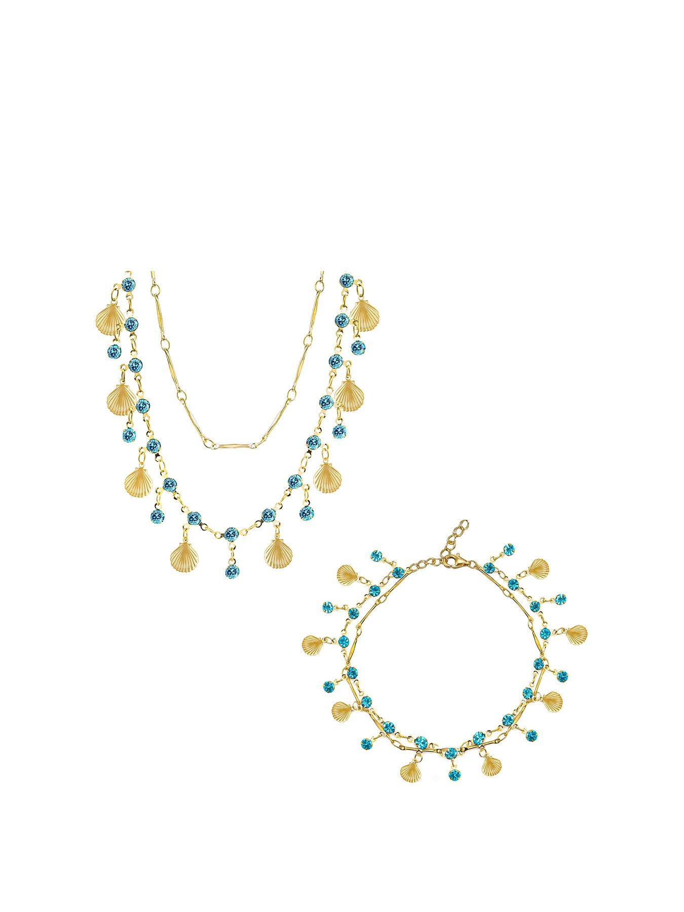 undefined Gold Plated Shell and Crystal Double Layer Necklace and Bracelet Set