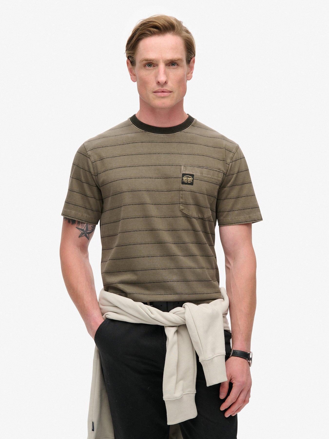 undefined Textured Striped Logo Pocket Short Sleeve T-Shirt - Brown