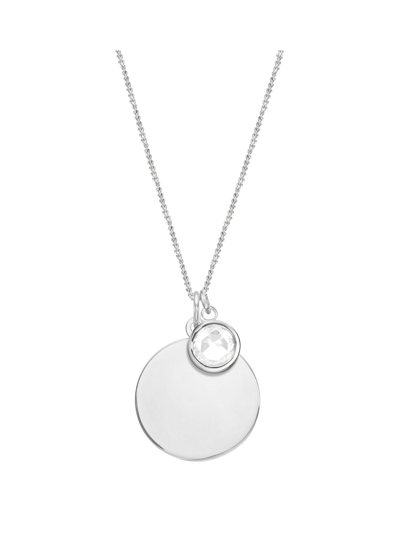 undefined Sterling Silver Personalised Birthstone CZ Rubover Charm and Disc Necklace