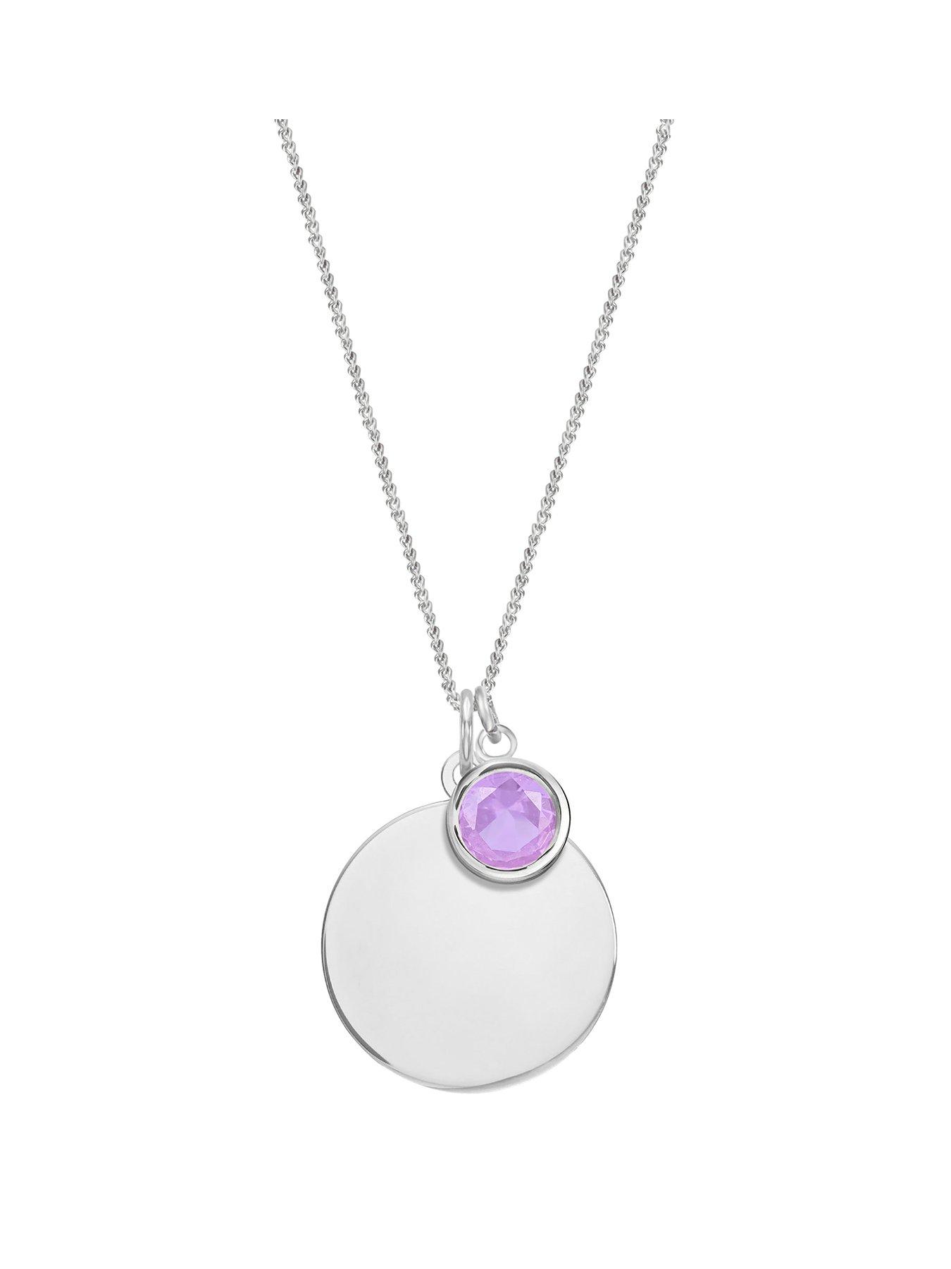 undefined Sterling Silver Personalised Birthstone CZ Rubover Charm and Disc Necklace