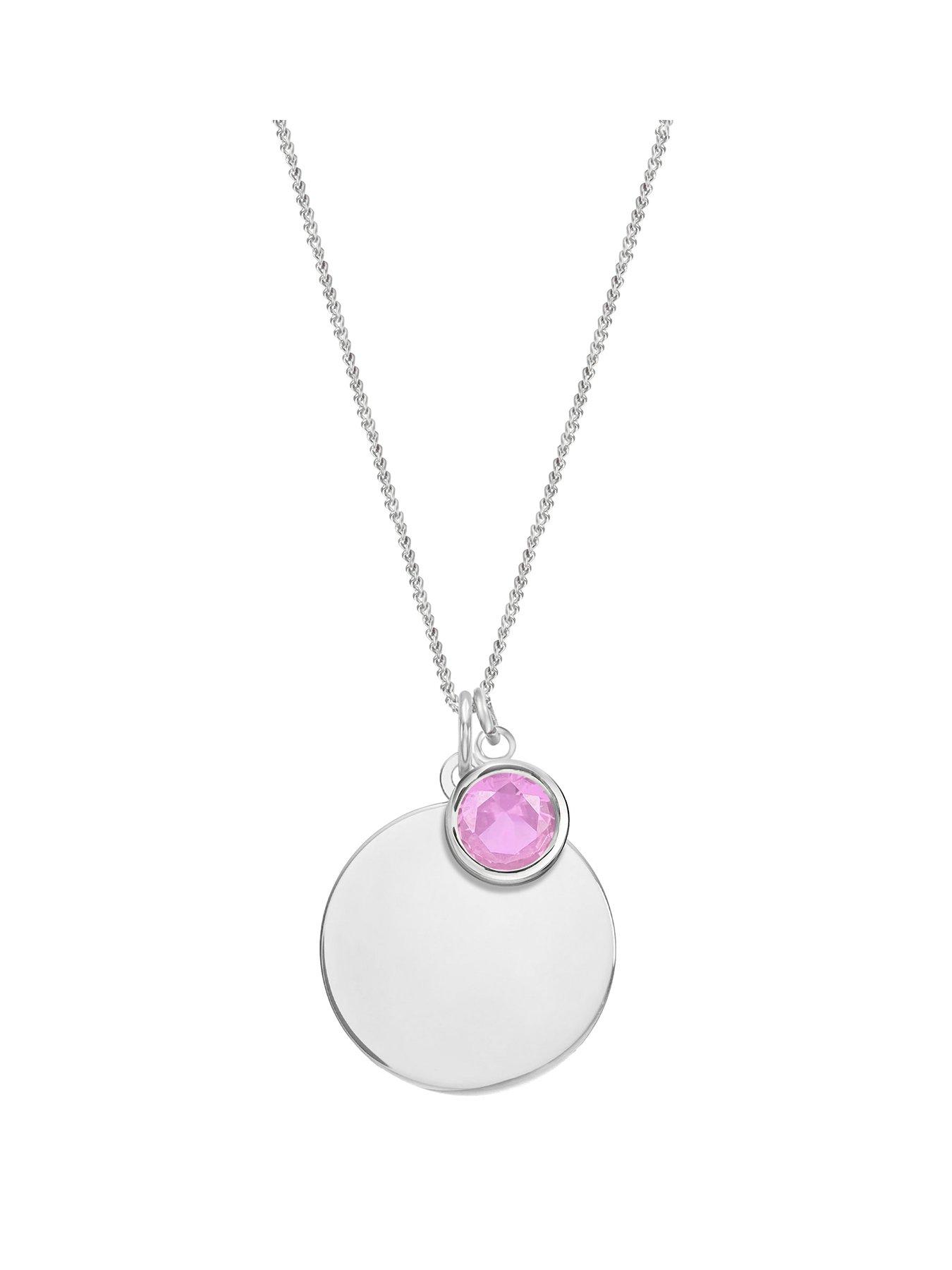 undefined Sterling Silver Personalised Birthstone CZ Rubover Charm and Disc Necklace