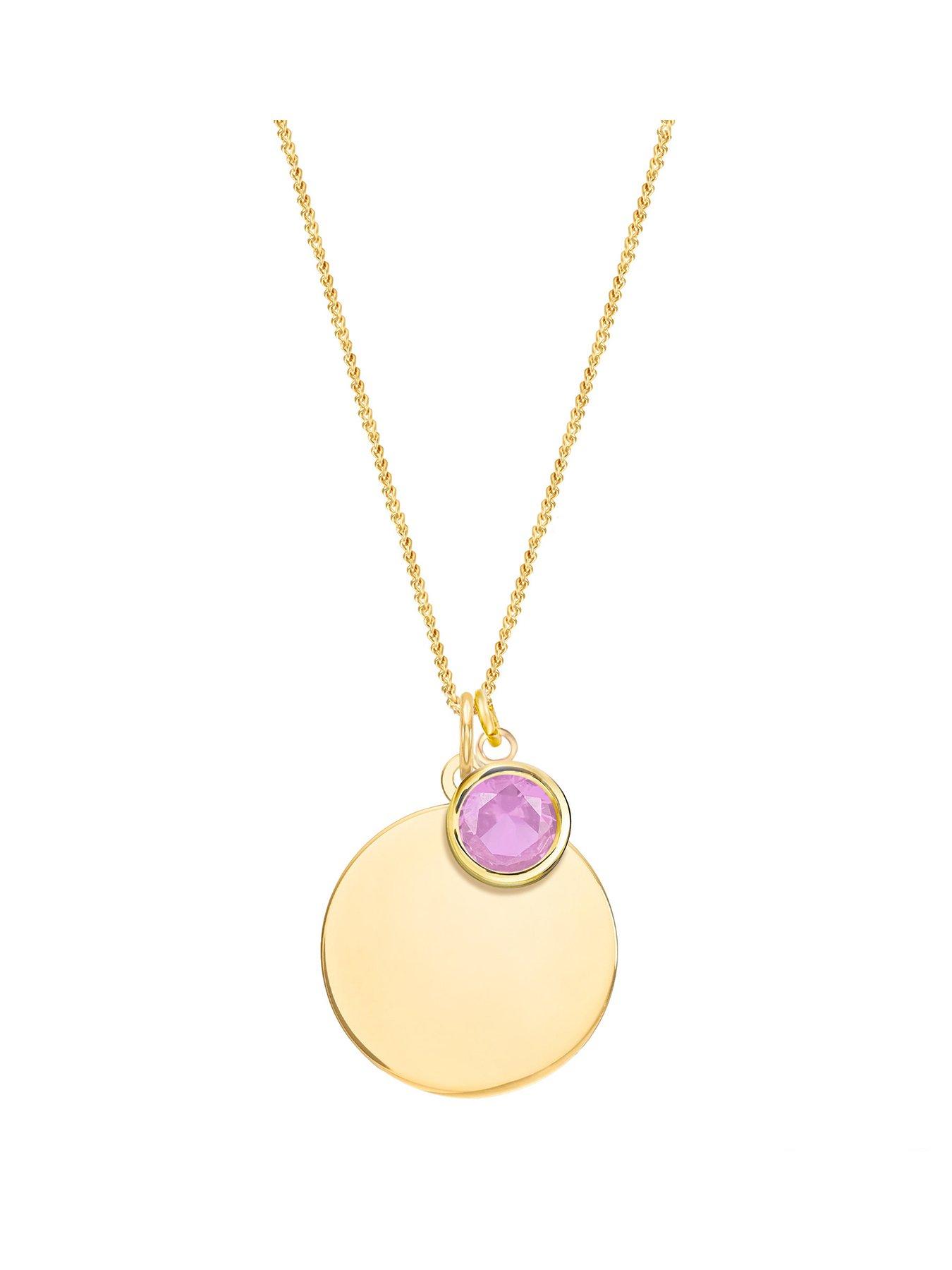 undefined Gold Plated Sterling Silver Personalised Birthstone CZ Rubover Charm and Disc Necklace