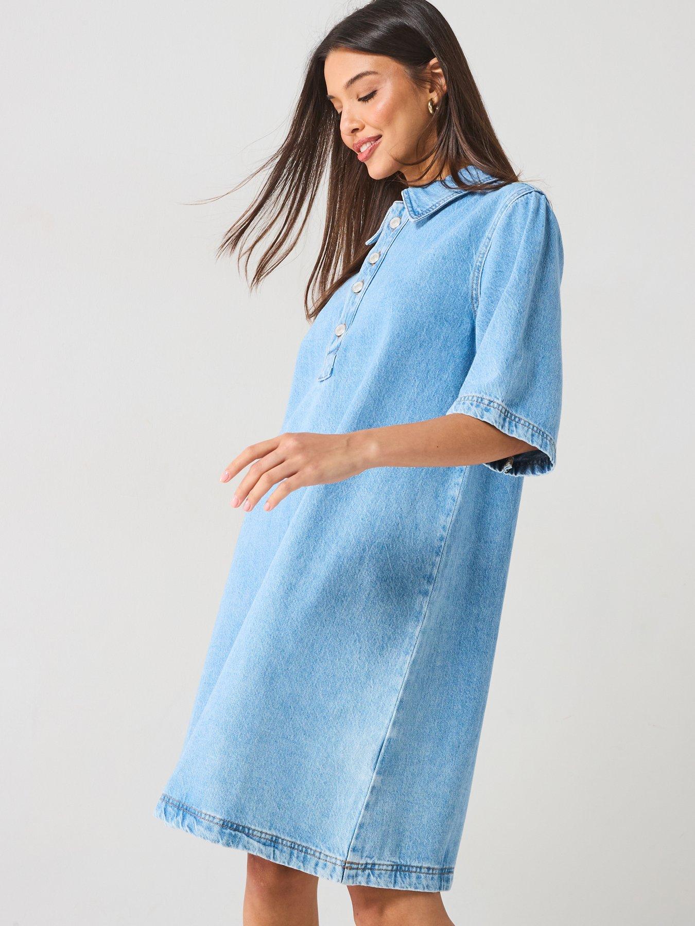 Only Short Sleeve Denim Dress Blue Very