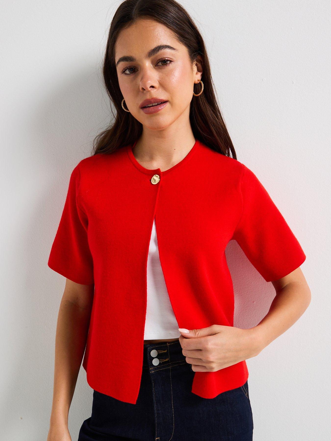 undefined Gold Short Sleeve O-neck One Button Cardigan - Red