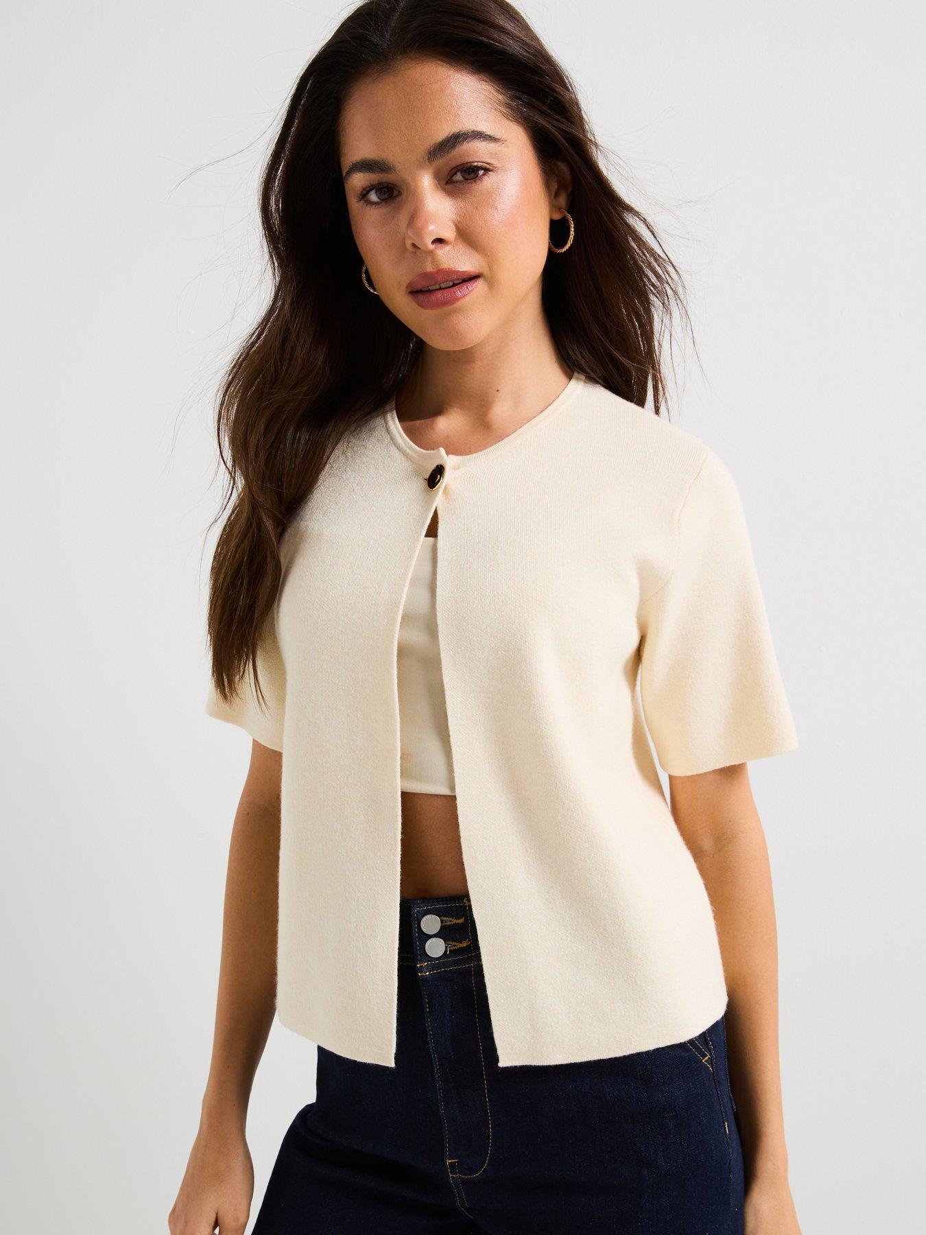 undefined Gold Short Sleeve O-Neck One Button Cardigan - Cream