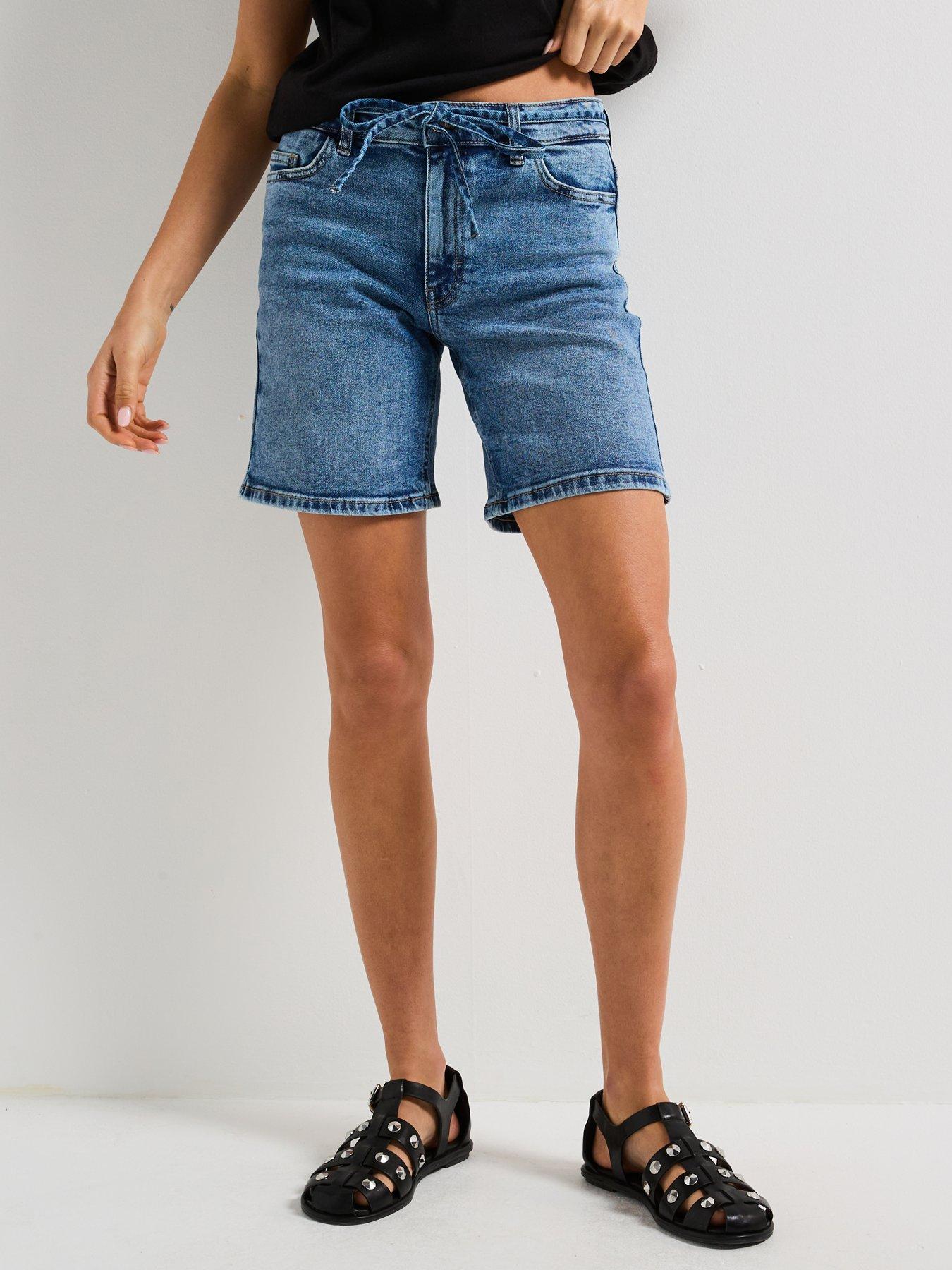 undefined Lulu Tie Midwaist Long Denim Shorts - Blue