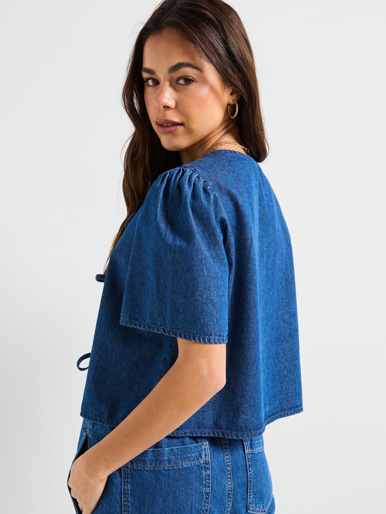 Image 2 of 6 of PIECES Denim Short Sleeve Top - Blue