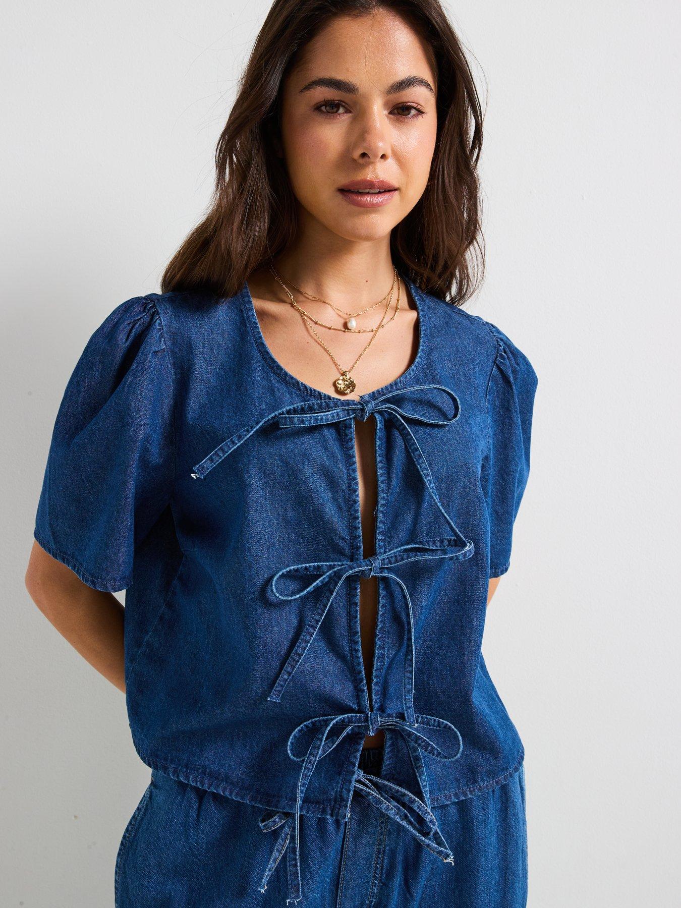 Image 6 of 6 of PIECES Denim Short Sleeve Top - Blue