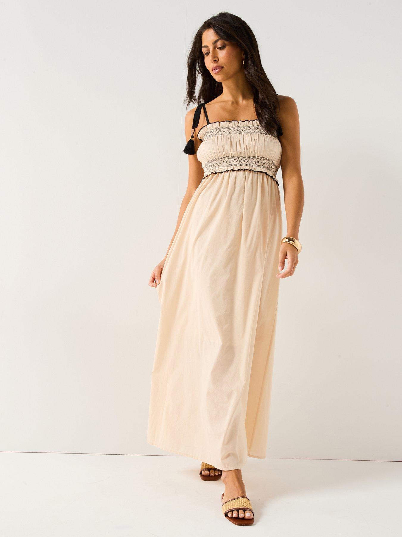beige smock dresses Cotton Linen Pleated Long Smock Dress main image 0