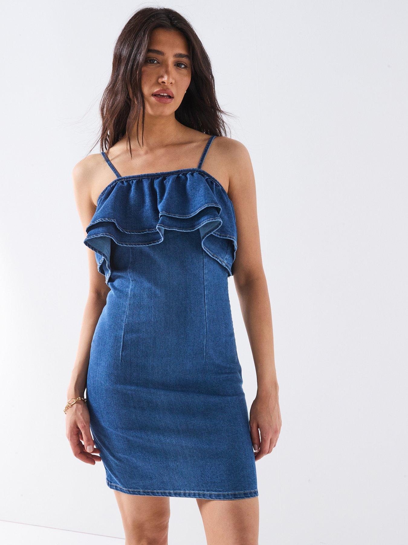undefined Manny Frill Short Denim Dress  - Blue