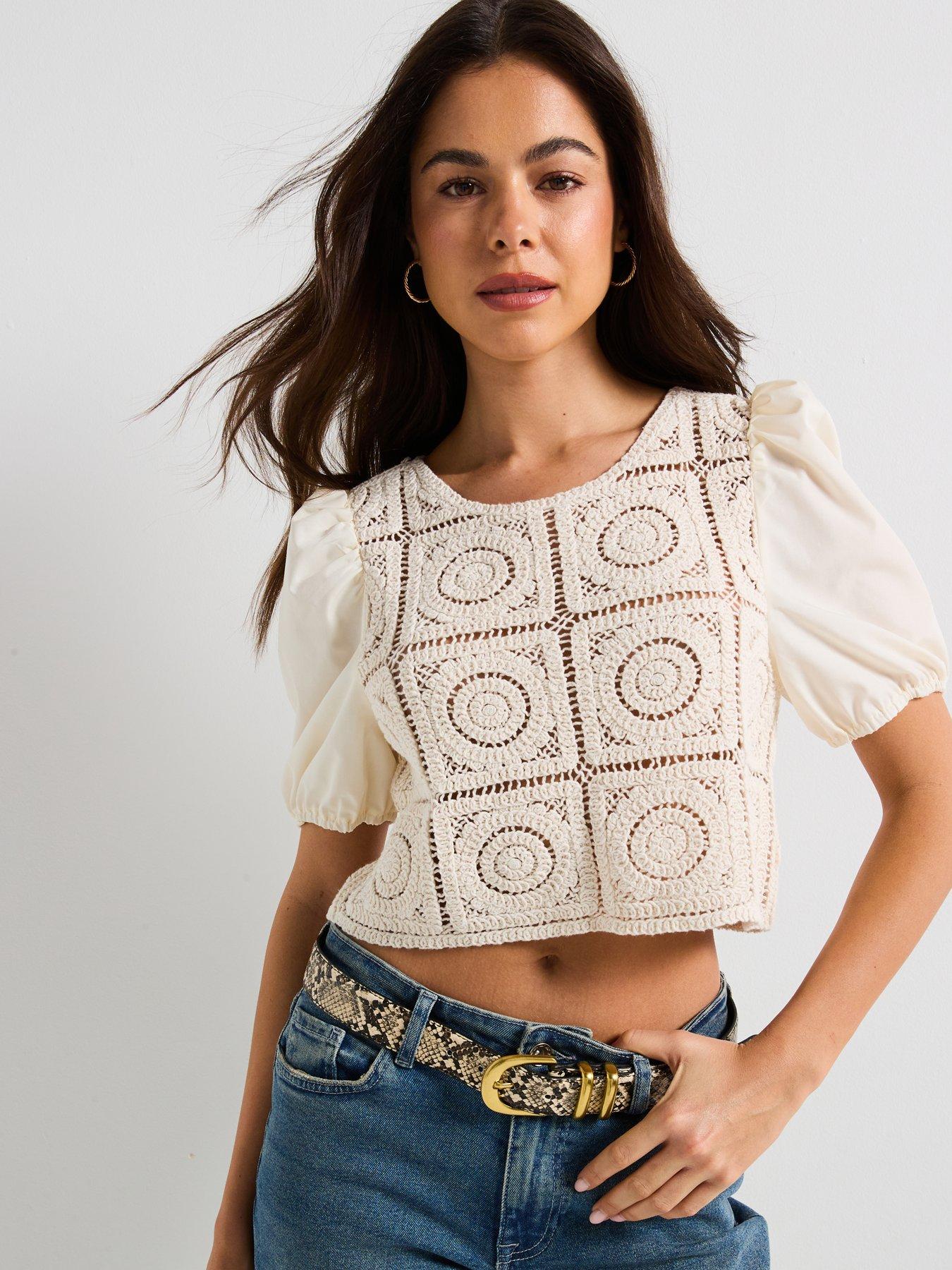 undefined Charis Short Sleeve Mix Jersey Top - Beige
