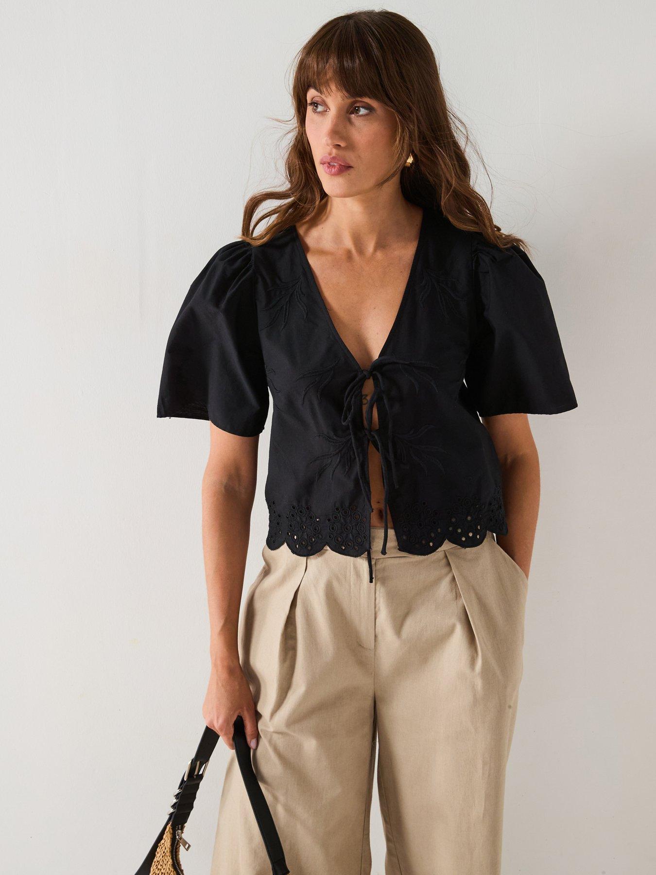 undefined Alice Short Sleeve Tie Top - Black