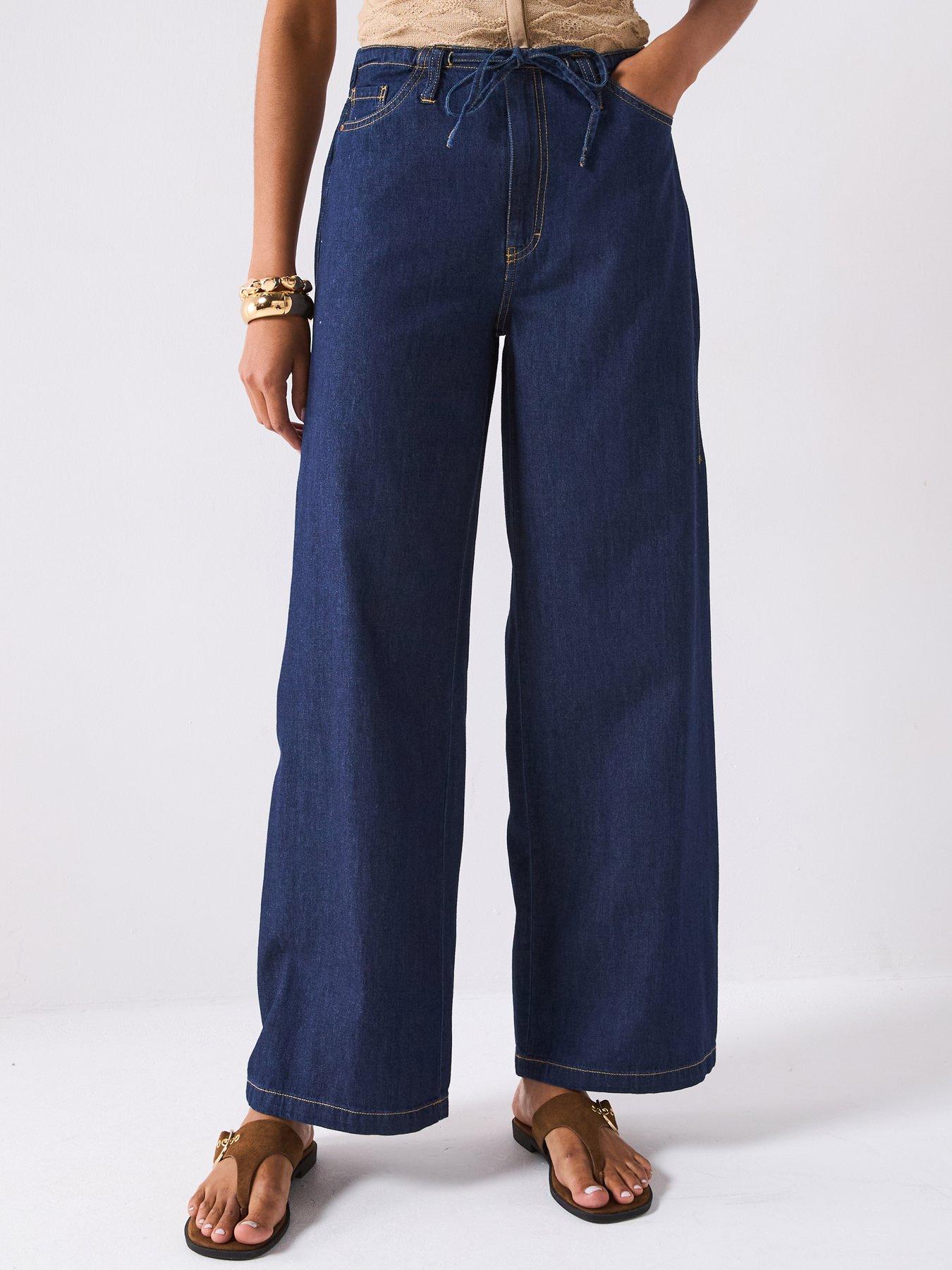 undefined Sabrina Mid Waist Wide Tie Denim Jeans - Dark Blue