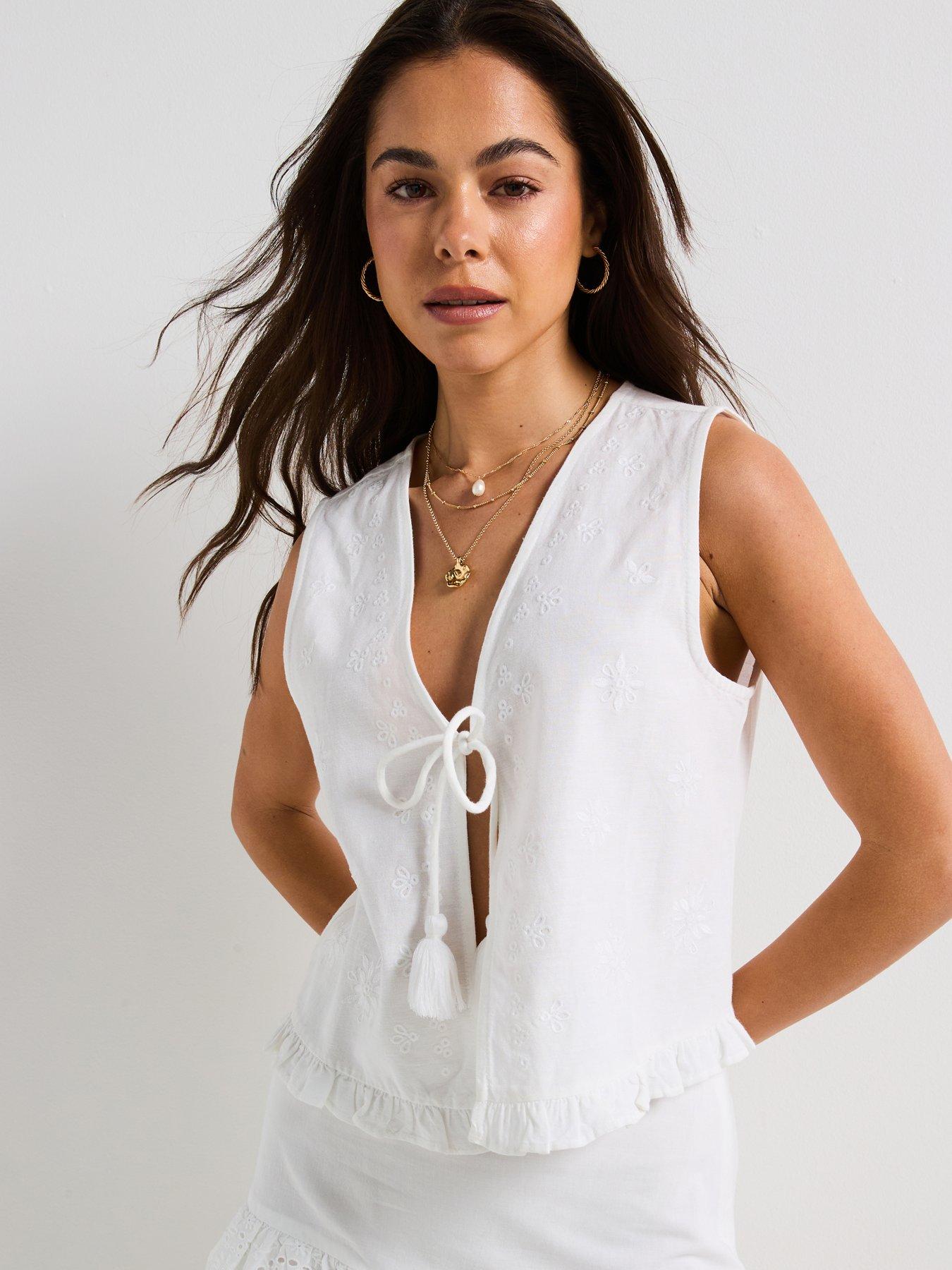 undefined Jakiri Linen Sleeveless Embellished Vest  - White