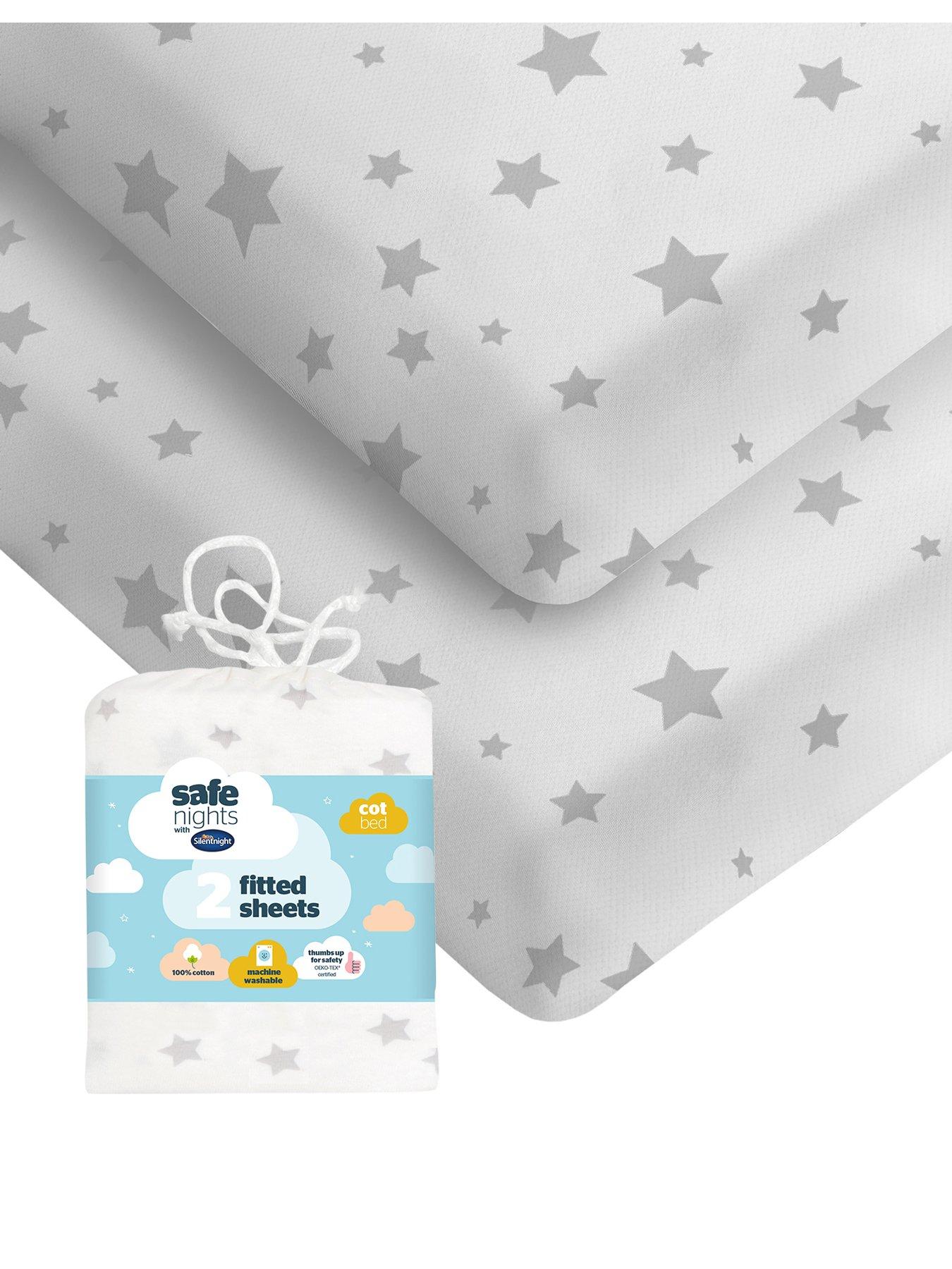Image 1 of 7 of Silentnight Safe Nights 2 x Pack 100% Cotton Cot Bed Fitted Sheets - 140cm x 70cm - Grey Stars