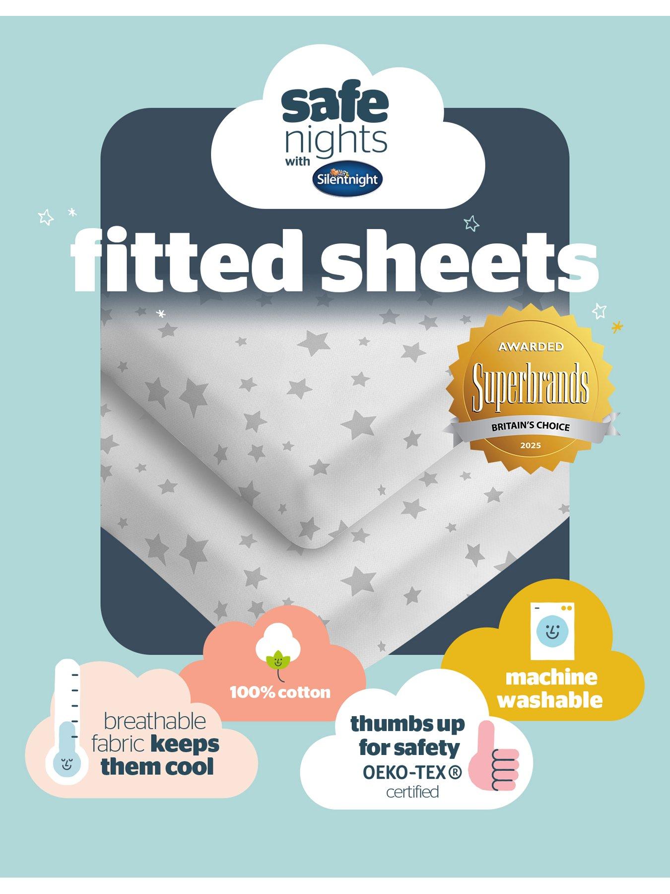 Image 7 of 7 of Silentnight Safe Nights 2 x Pack 100% Cotton Cot Bed Fitted Sheets - 140cm x 70cm - Grey Stars