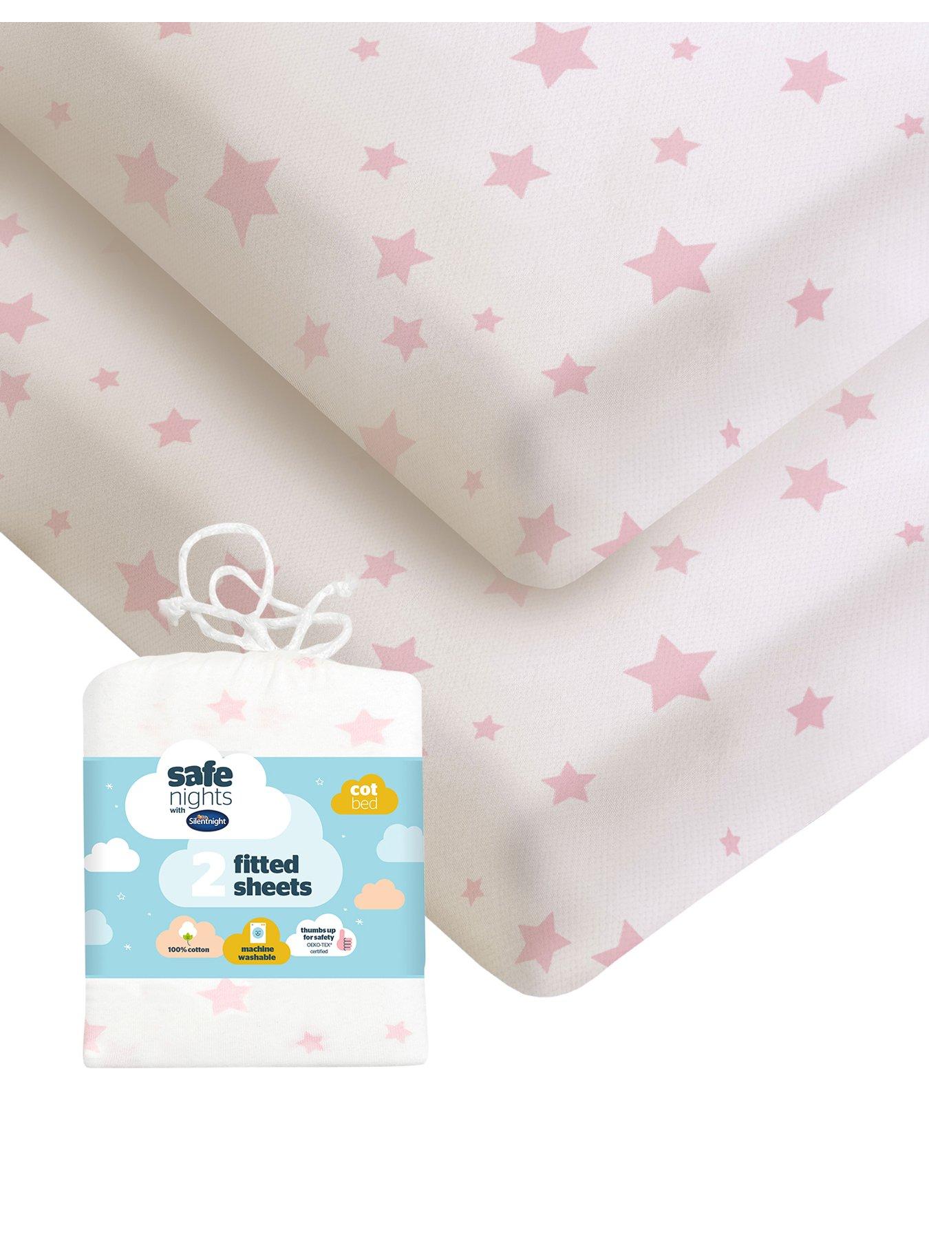 Silentnight Safe Nights 2 x Pack 100% Cotton Cot Bed Fitted Sheets - 140cm x 70cm - Pink Stars