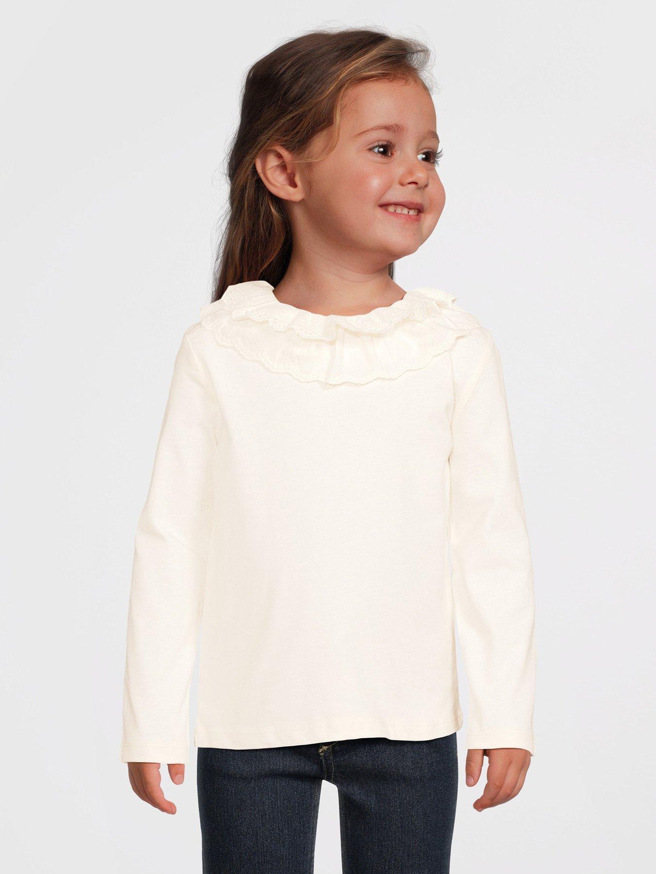 undefined Girls Cotton Long Sleeve Top with Broiderie Scallop Neck - Pink