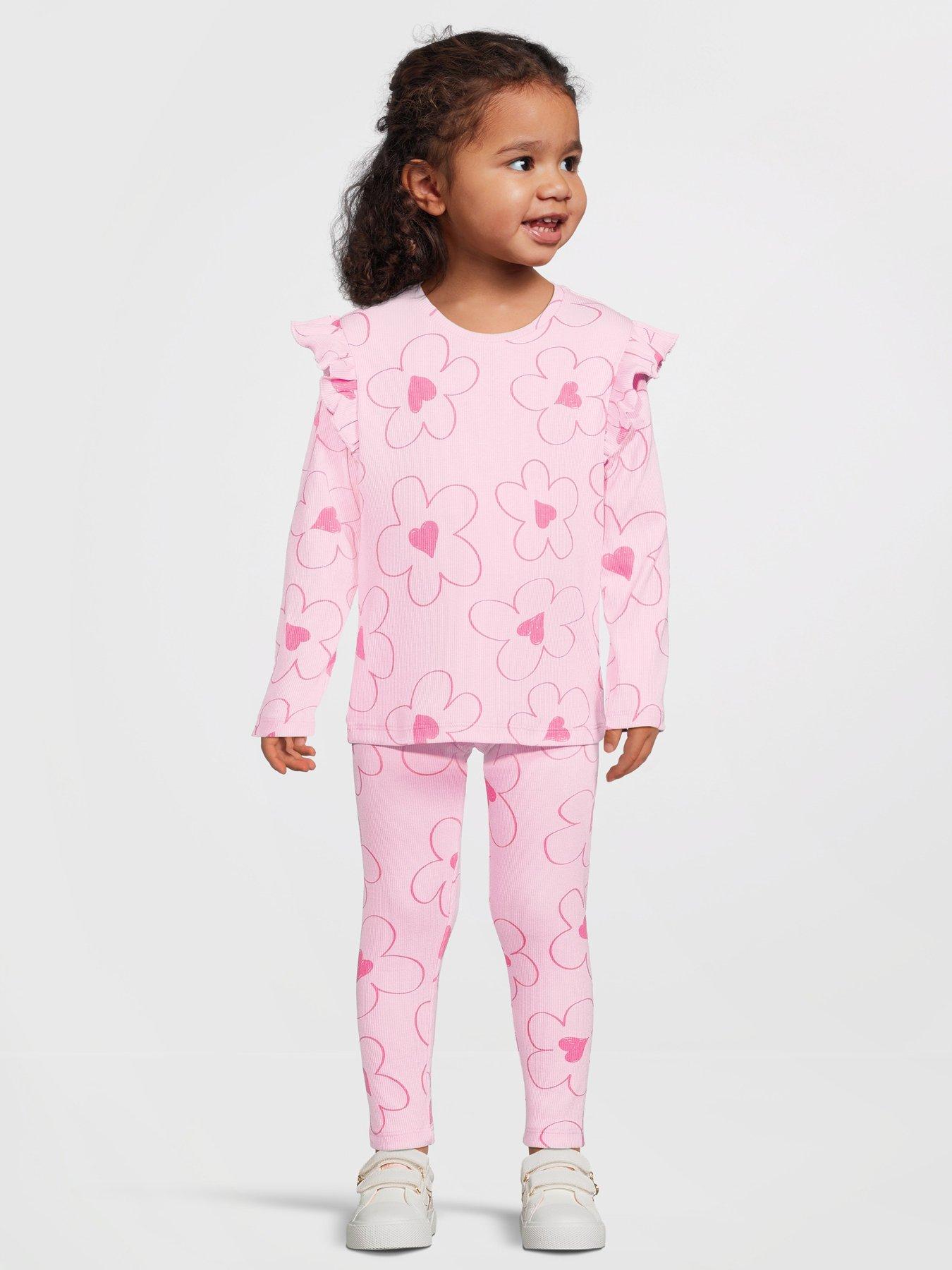 The Very Collection Girls Frill Sleeve Rib Long Sleeve Top and Legging Set - Pink Floral