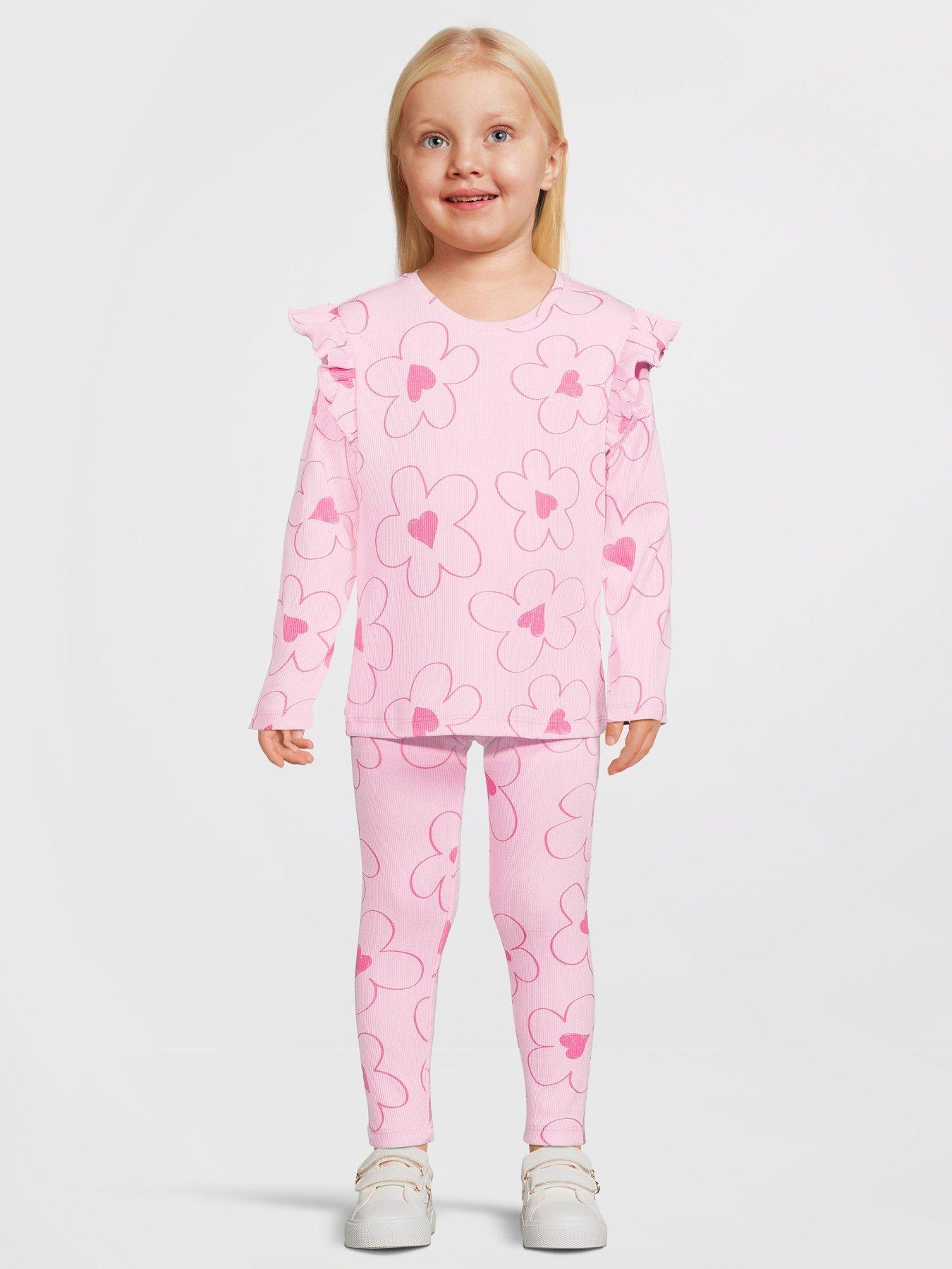 undefined Girls Frill Sleeve Rib Long Sleeve Top and Legging Set - Pink Floral