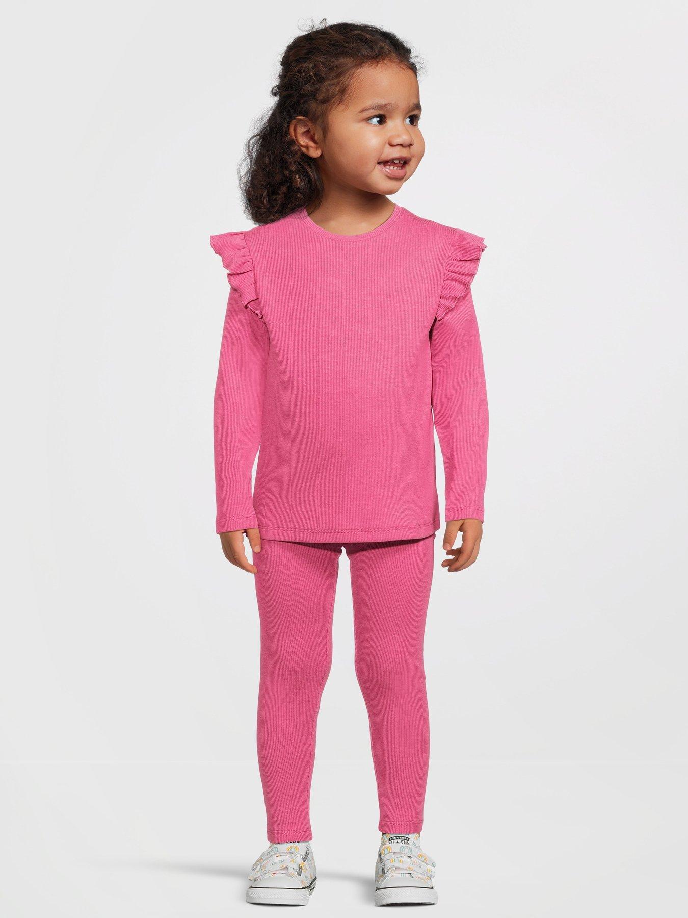 undefined Girls Frill Sleeve Rib Long Sleeve Top and Legging Set - Pink
