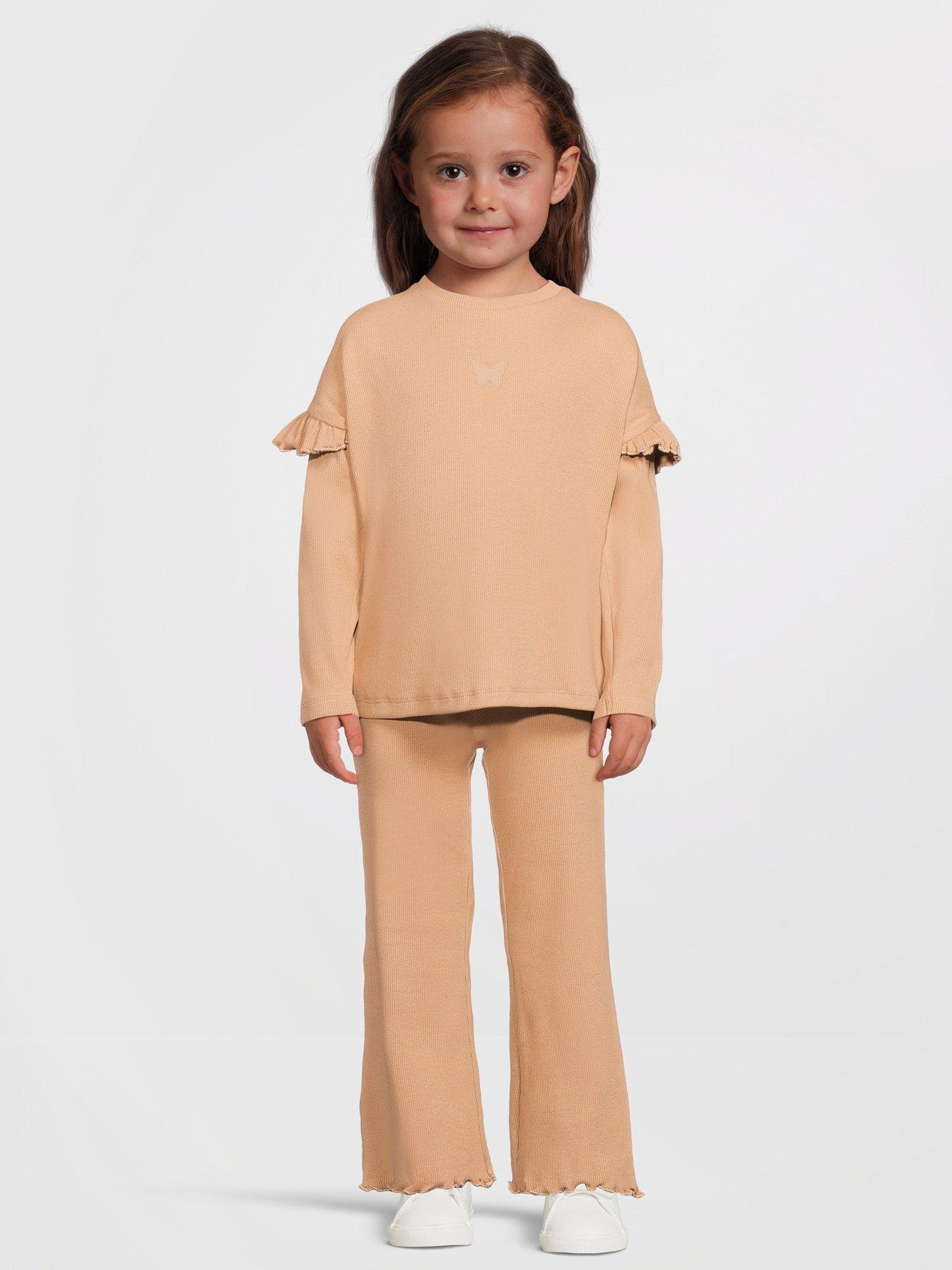 undefined Girls Frill Sleeve Rib Long Sleeve Top and Flare Legging Set - Camel