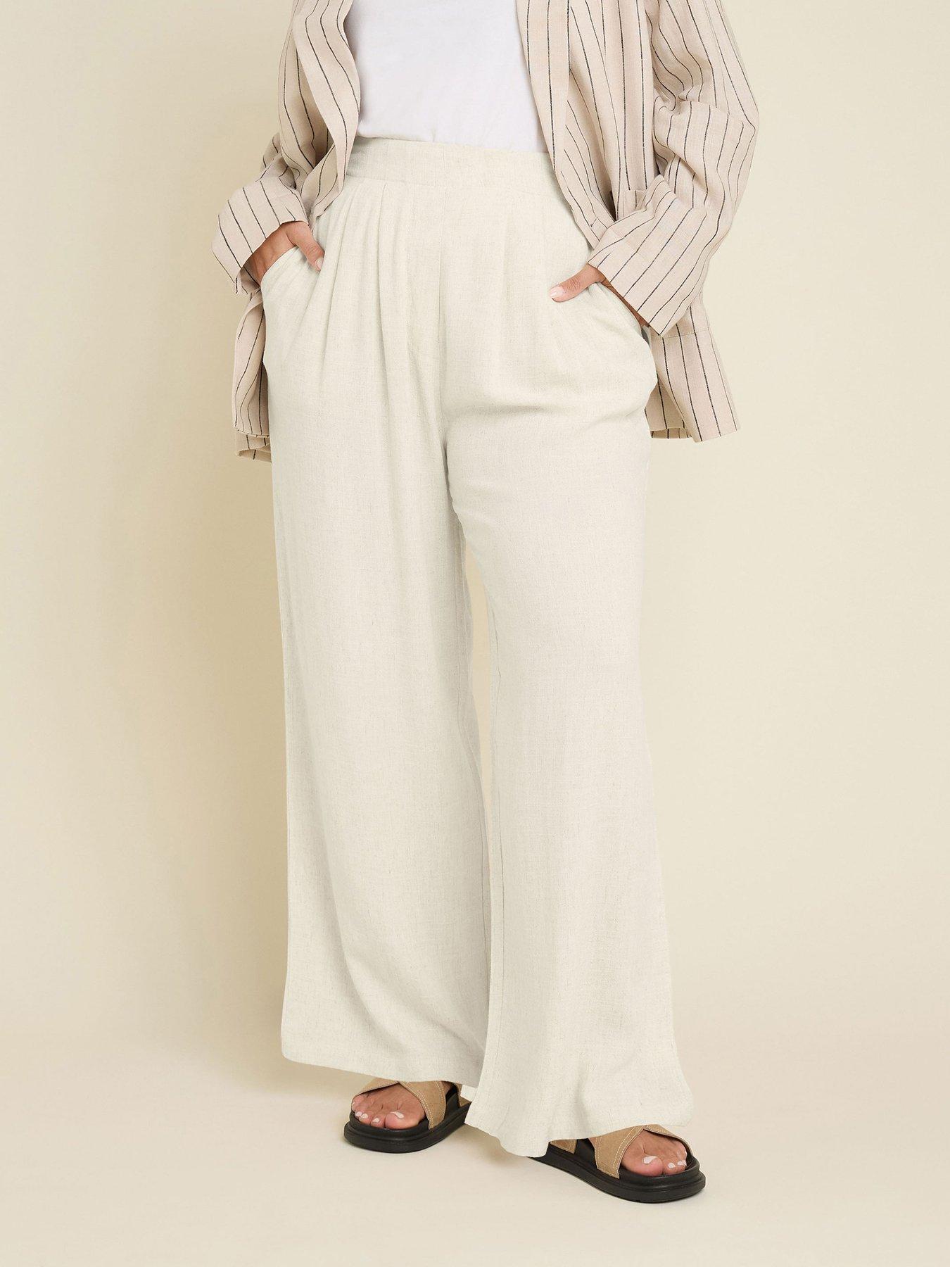 Image 1 of 5 of Yours Curve Darted Waist Linen Trousers - Natural