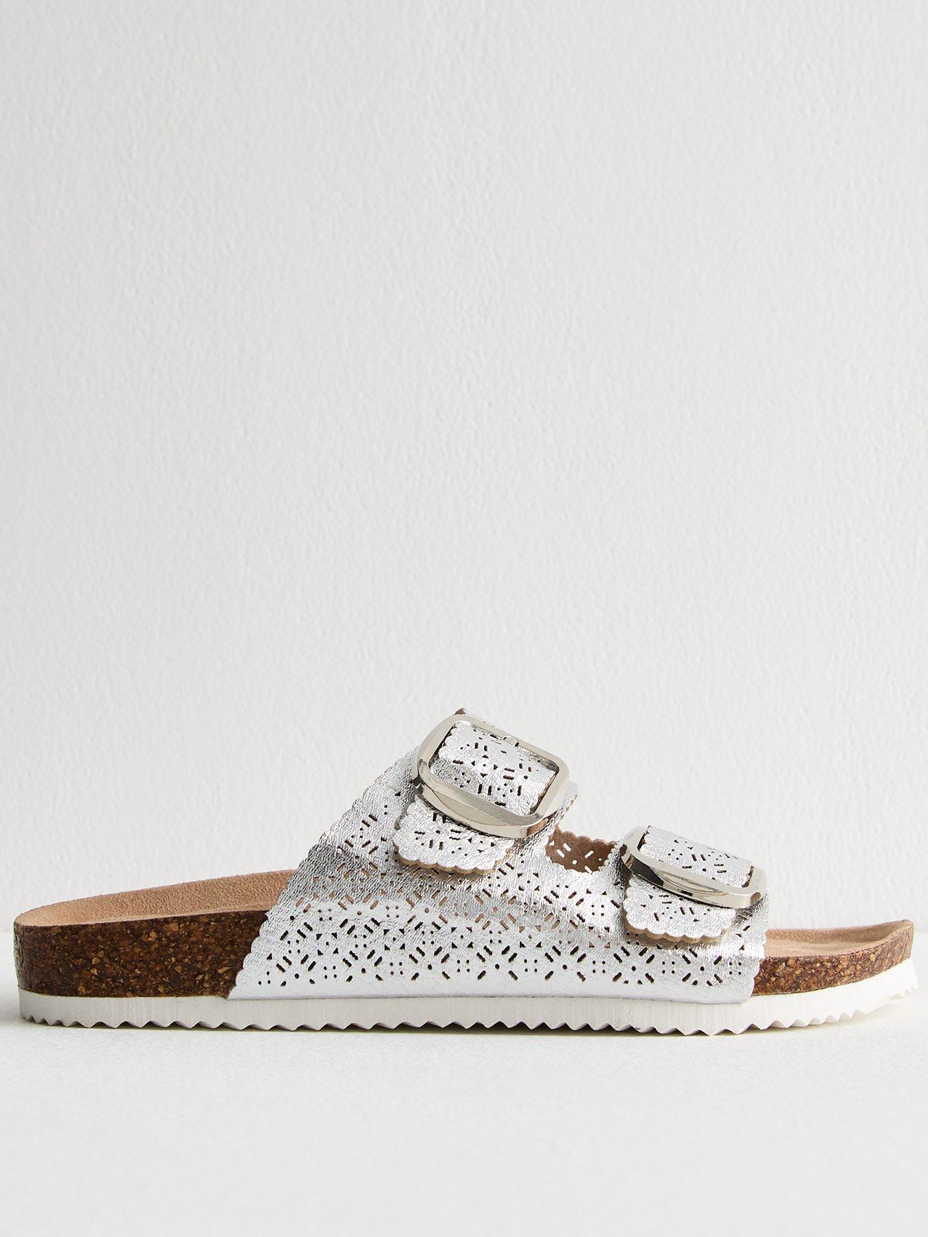 undefined Silver Faux Leather Lazer Cut Strap Sandals