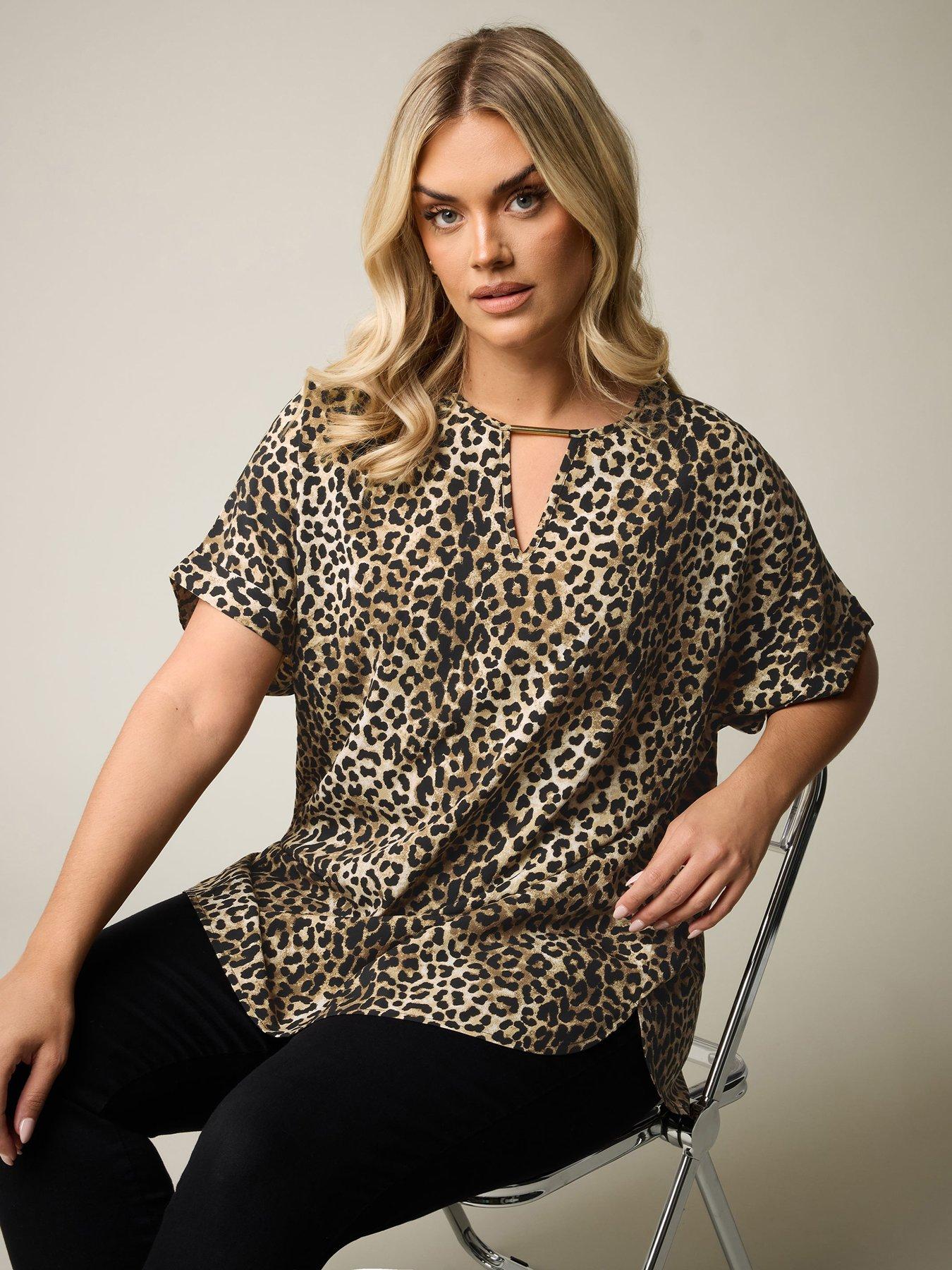 Image 1 of 4 of Yours Curve Leopard Trim Neck Short Sleeve Top