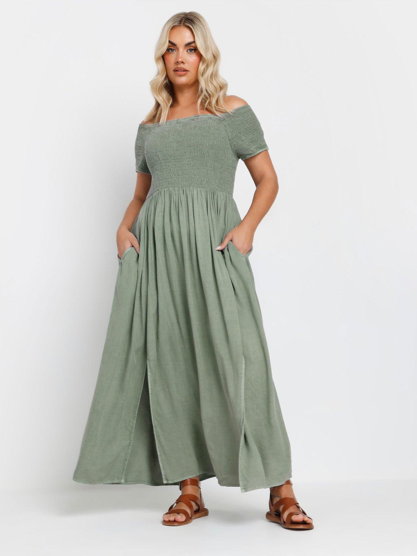 Image 1 of 4 of Yours Curve Shirred Bardot Chambray Dress