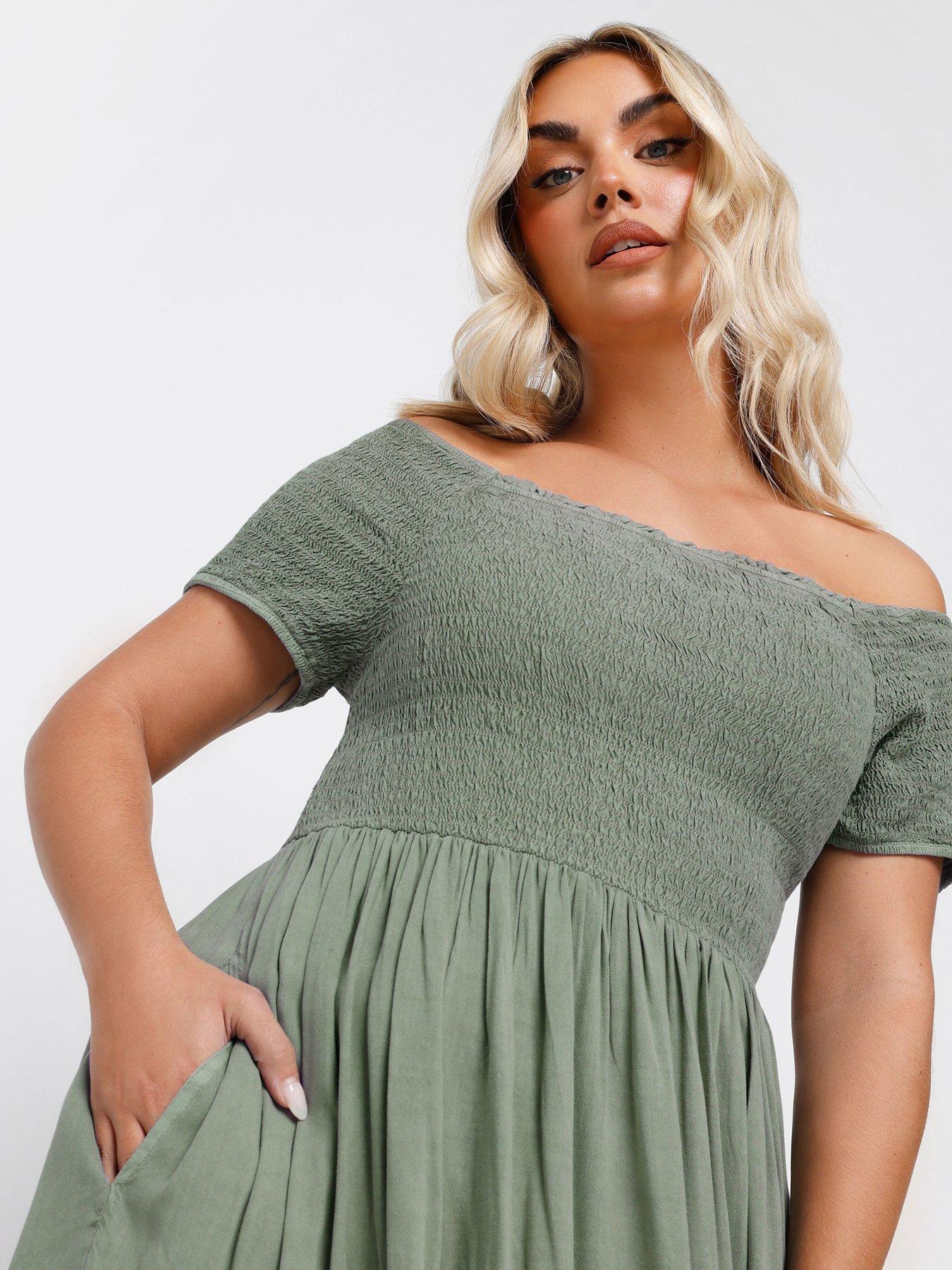 Image 4 of 4 of Yours Curve Shirred Bardot Chambray Dress