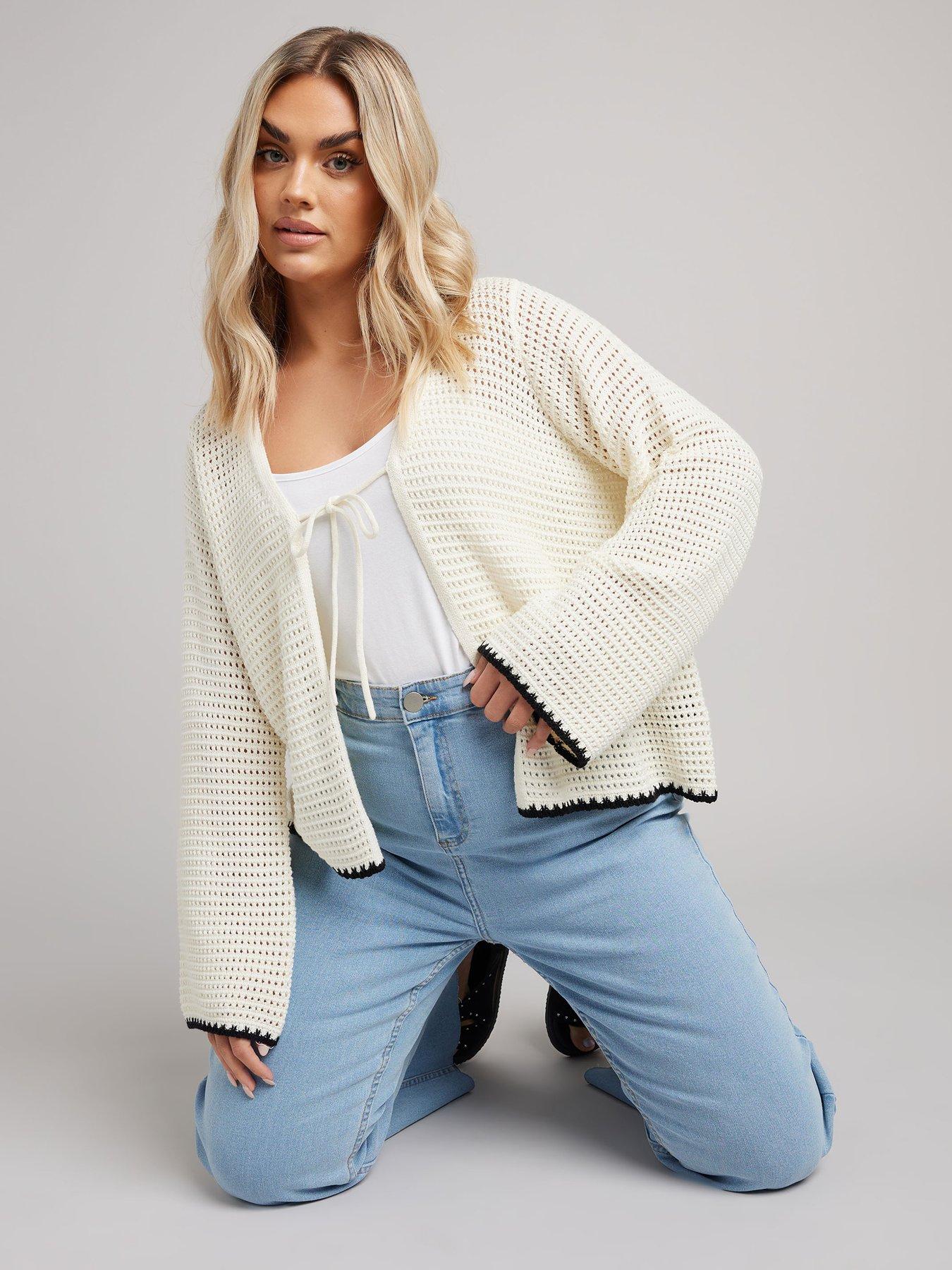 Image 1 of 4 of Yours Curve Button Through Crochet Tipped Cardigan