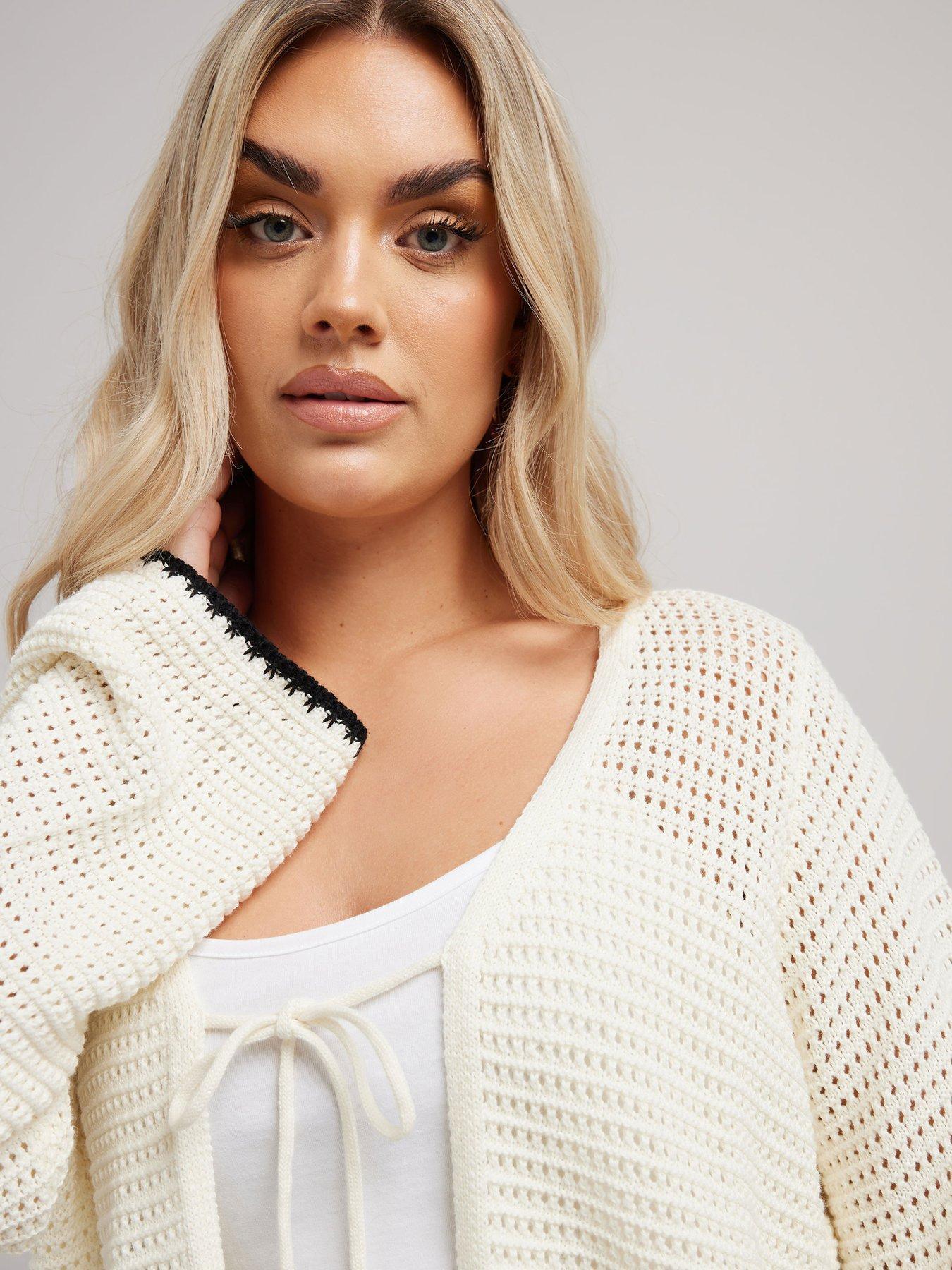 Image 4 of 4 of Yours Curve Button Through Crochet Tipped Cardigan