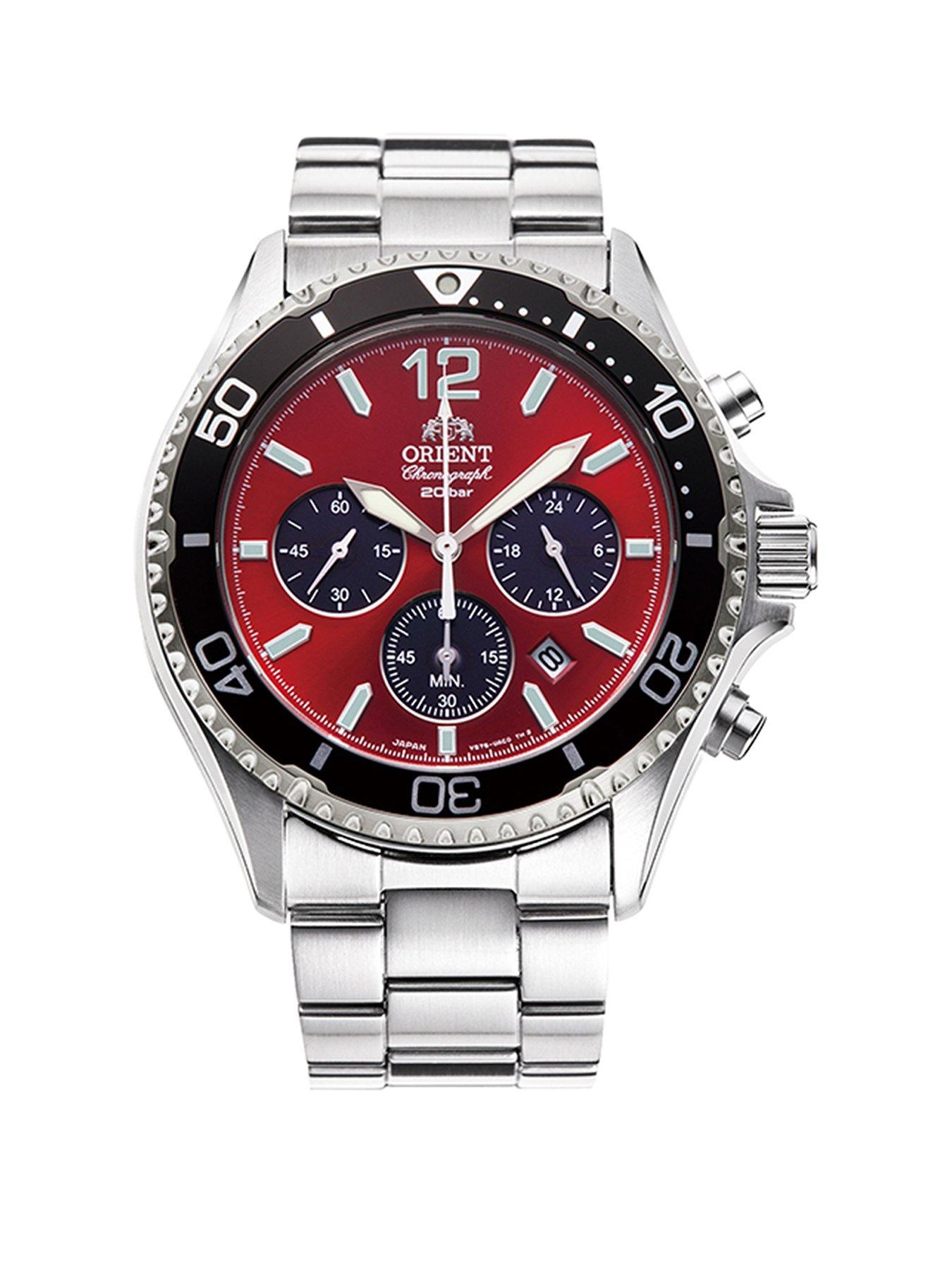 Orient Mako III Solar Powered Divers Chronograph Watch with a Red Dial, Unidirectional Bezel in a Stainless Steel Case and Bracelet