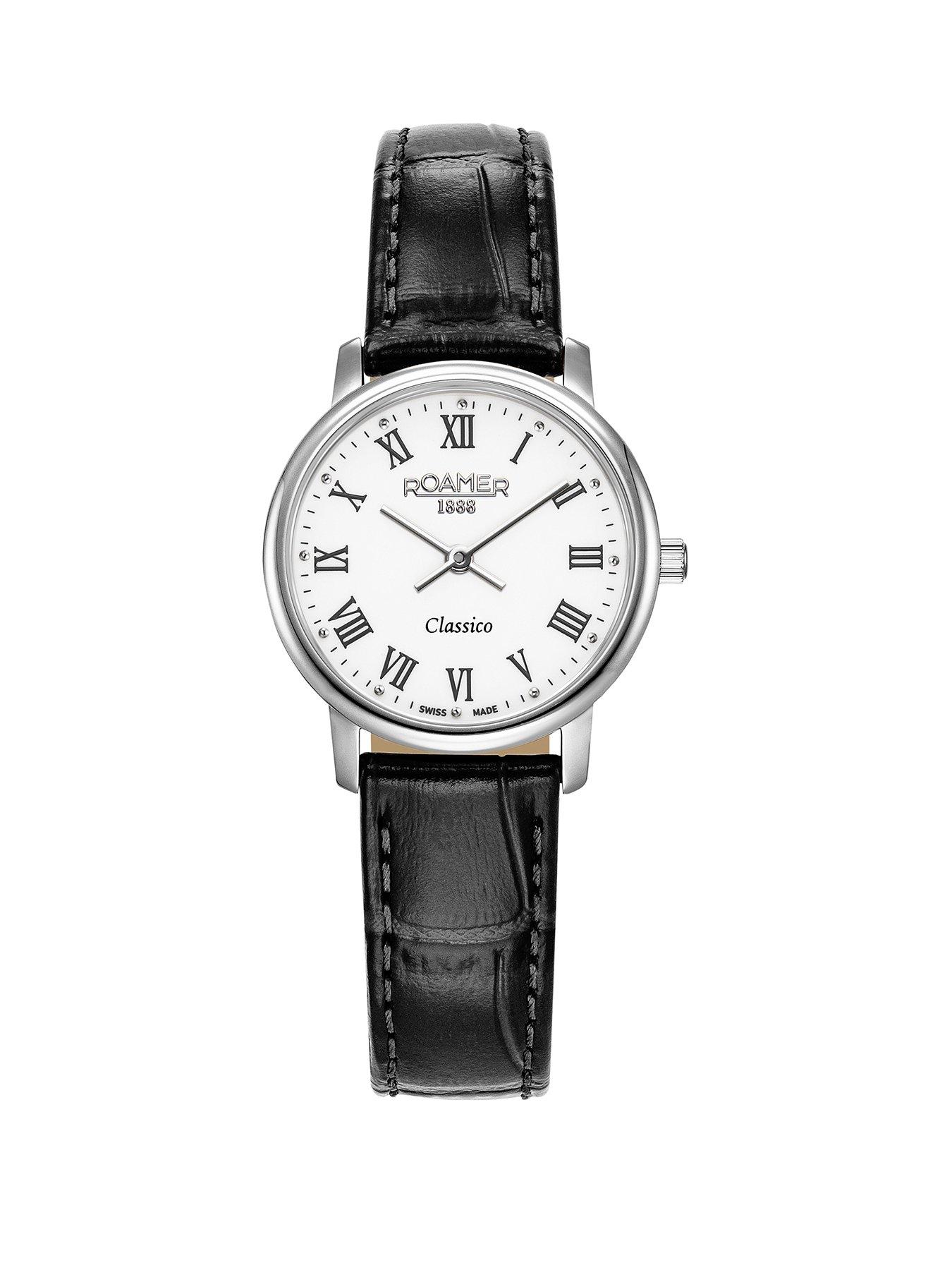 undefined Swiss Made Classico Ladies White Roman Numeral Dial in a Stainless Steel Case and Black Leather Strap