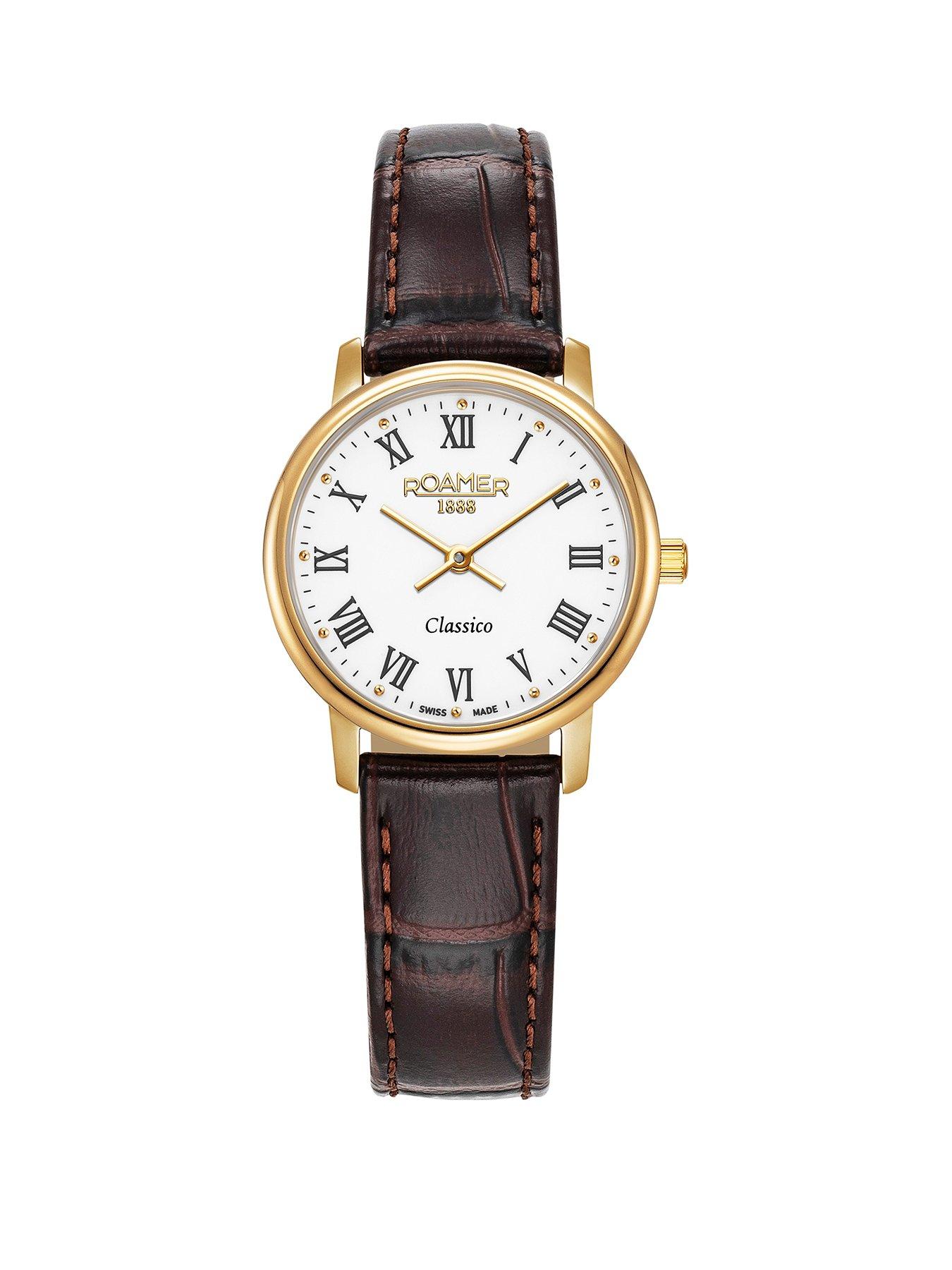 undefined Swiss Made Classico Ladies White Roman Numeral Dial in a Gold IP Stainless Steel Case and Brown Leather Strap