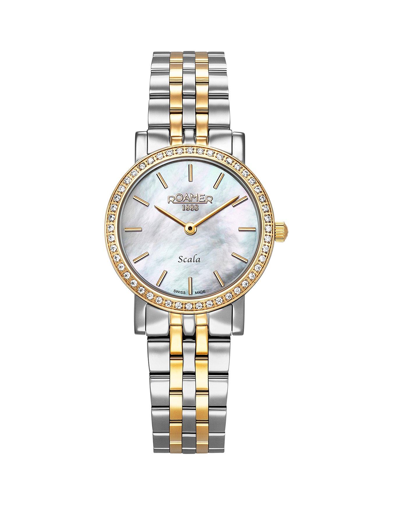 Roamer of Switzerland Swiss Made Ladies Scala Watch with MOP Dial Gold IP Bicolour Stainless Steel Case and Bracelet Crystal set Bezel