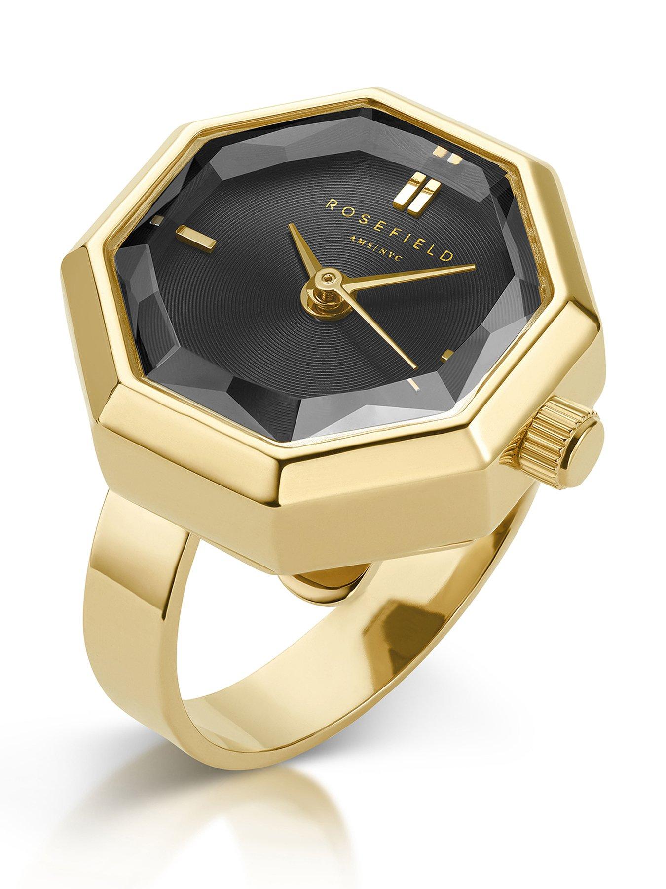 undefined Octagon Ring Watch Black Sunray Dial in Gold IP.