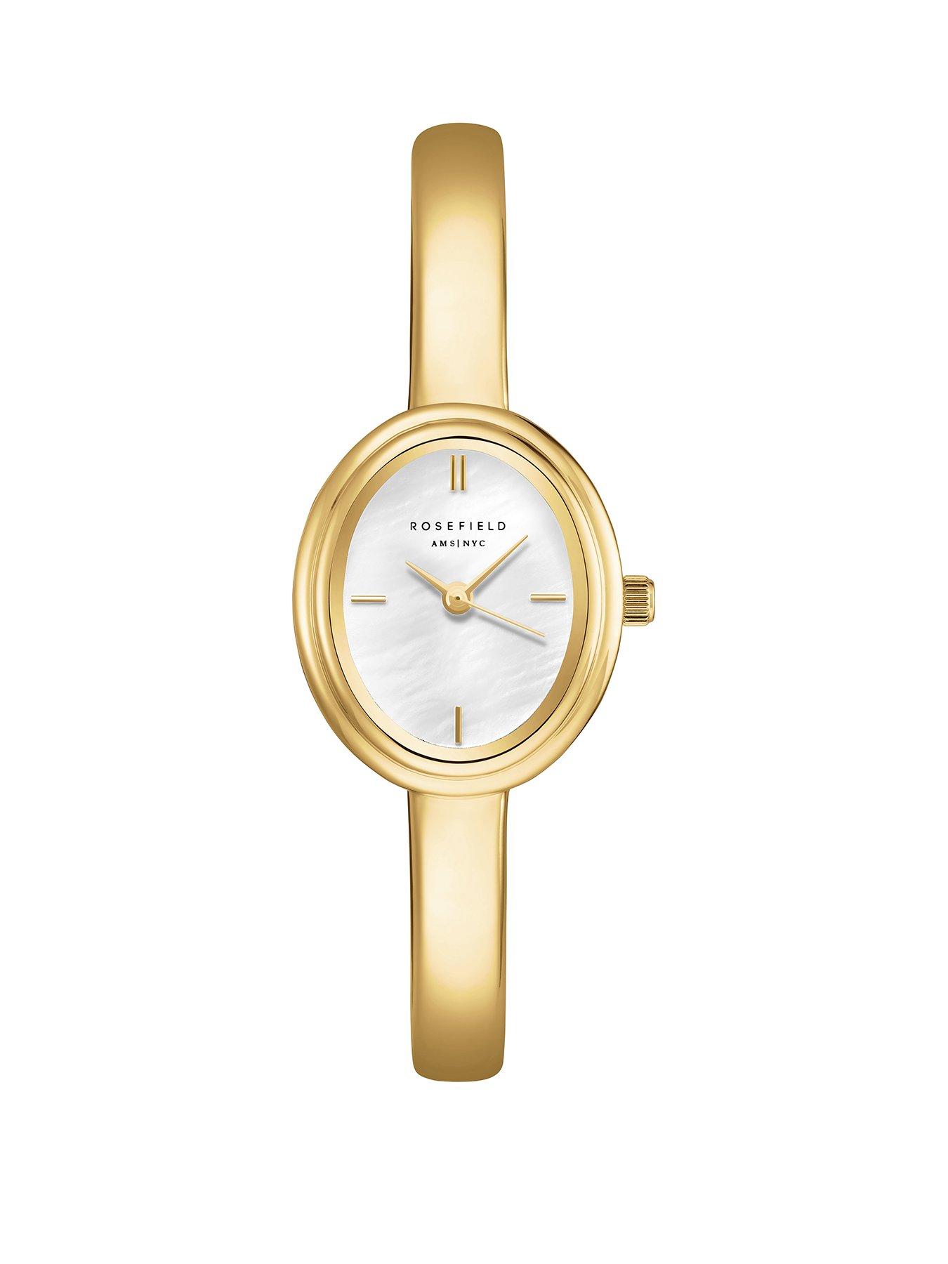 undefined Studio Bangle Watch with Oval MOP Dial on a Gold IP Bangle