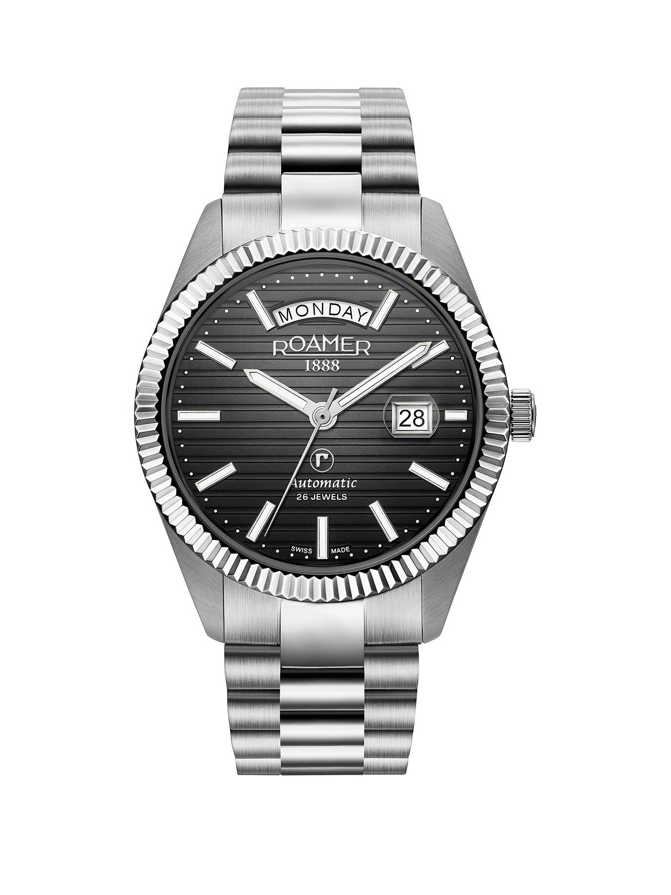 undefined Swiss Made Primeline Daydate Automatic Men's Watch with Black Striped Dial and Day Date Feature in a Stainless Steel Case and Bracelet